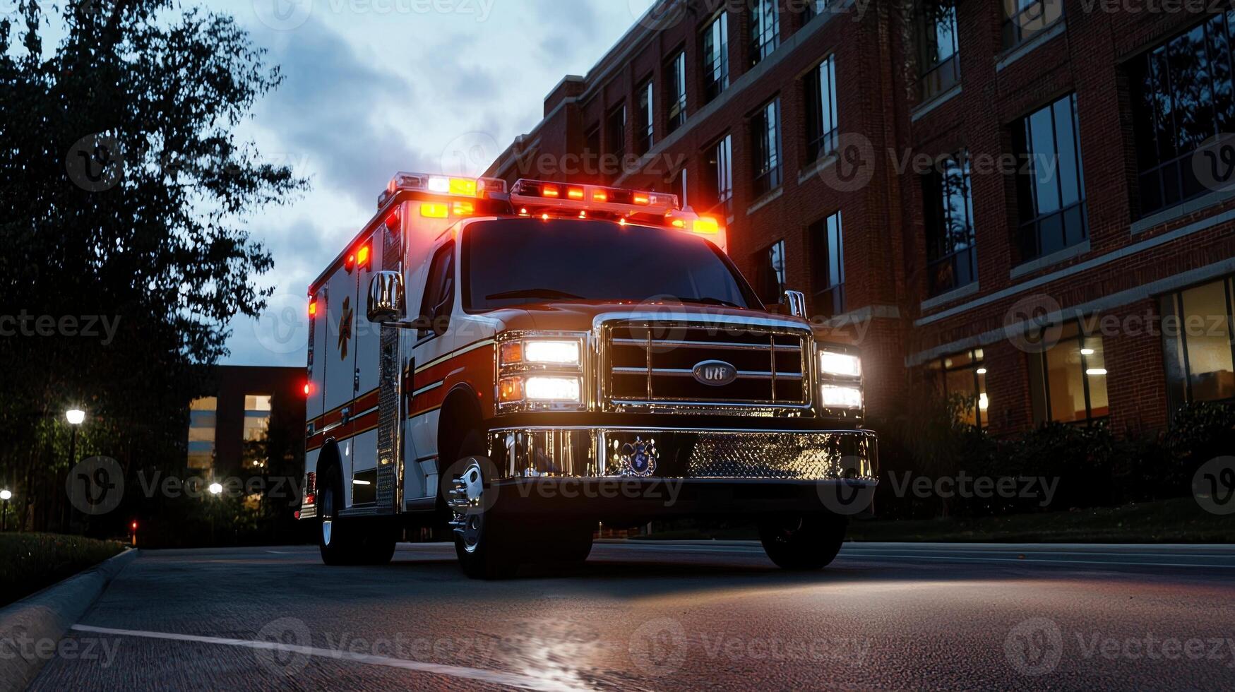 A red and white ambulance is parked on a street photo