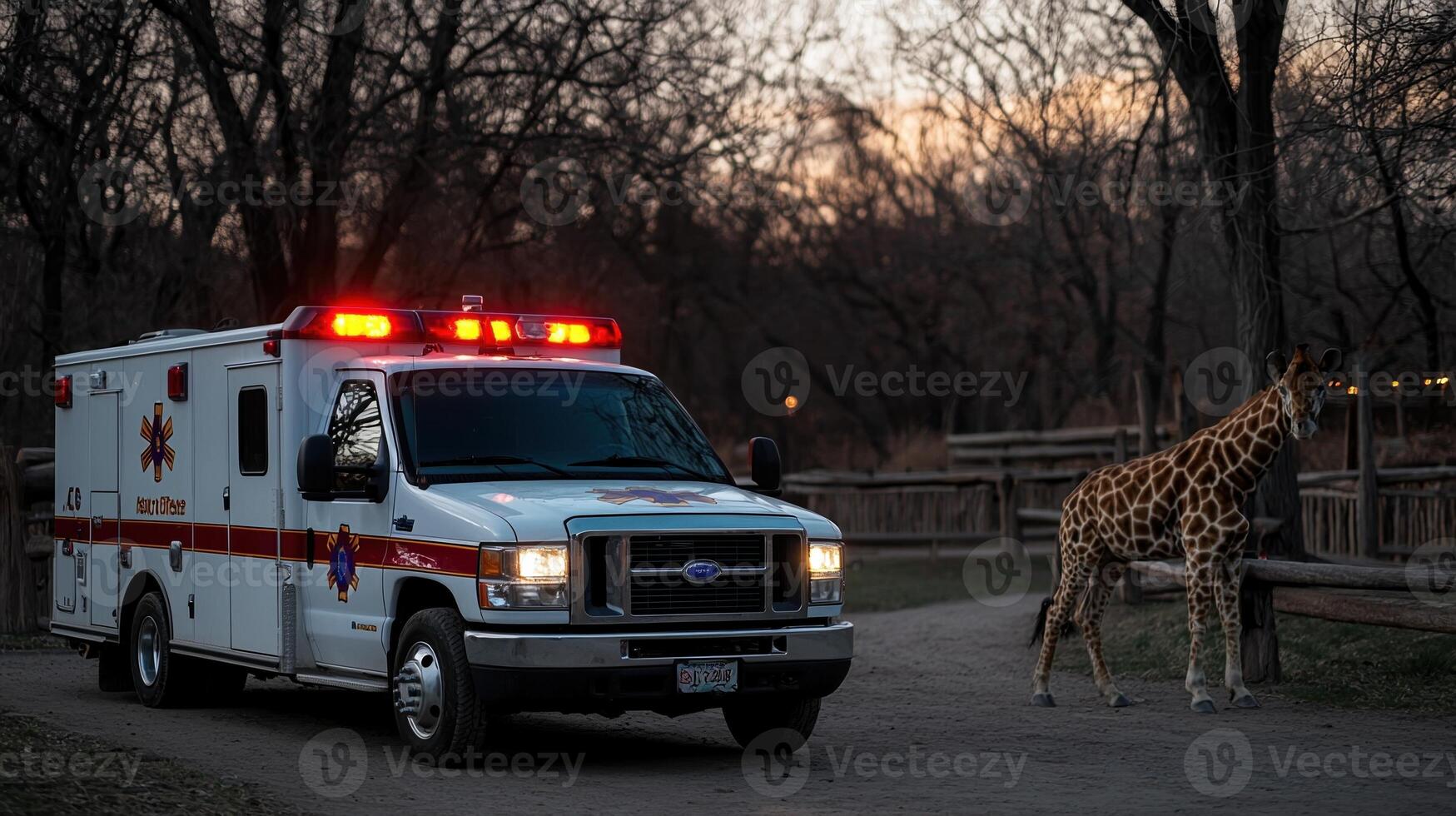 A white ambulance with red lights on is parked in front of a giraffe photo