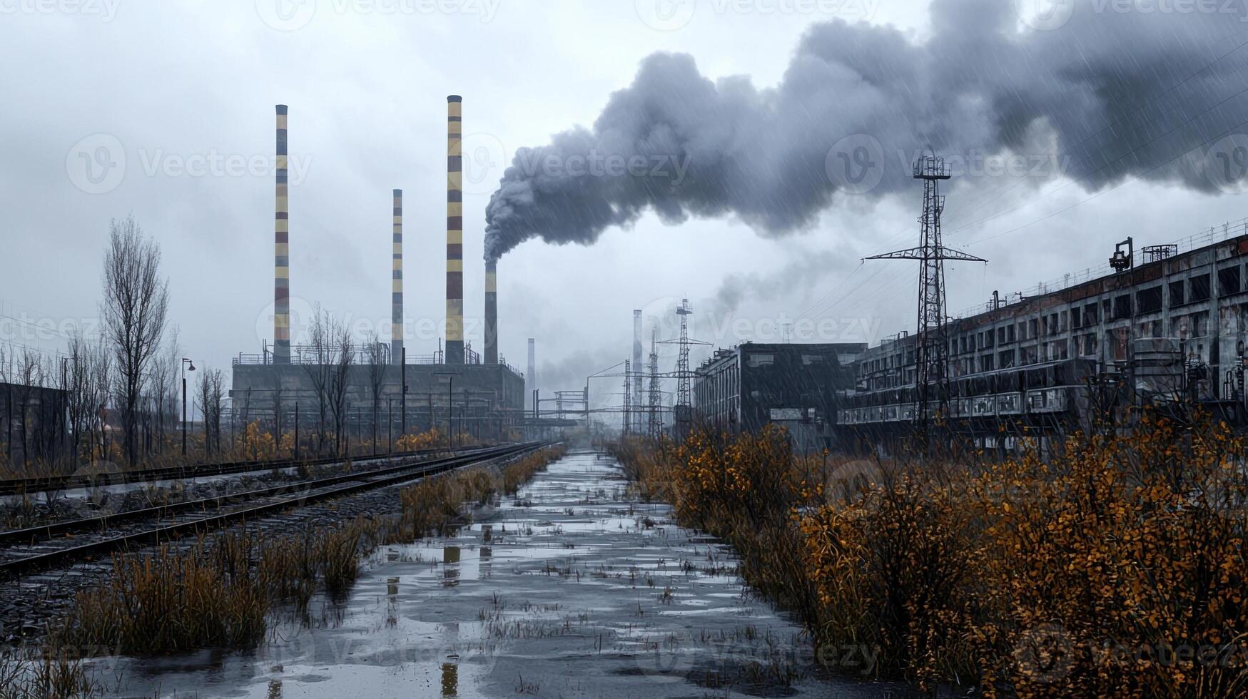 A factory with smoke coming out of it and a train track in the background photo
