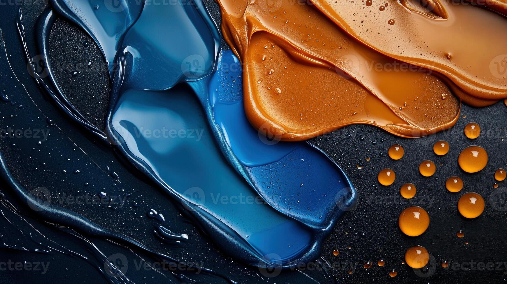 A painting of blue and orange paint with a black background photo