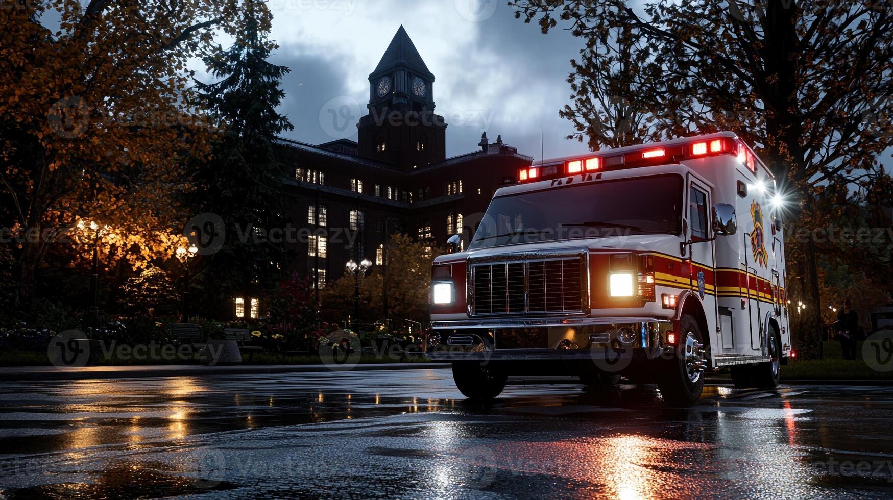 An ambulance is parked on a wet road at night photo