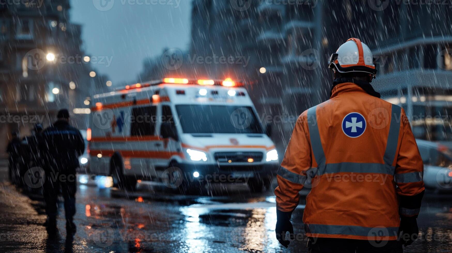A man in an orange vest stands in the rain next to an ambulance photo