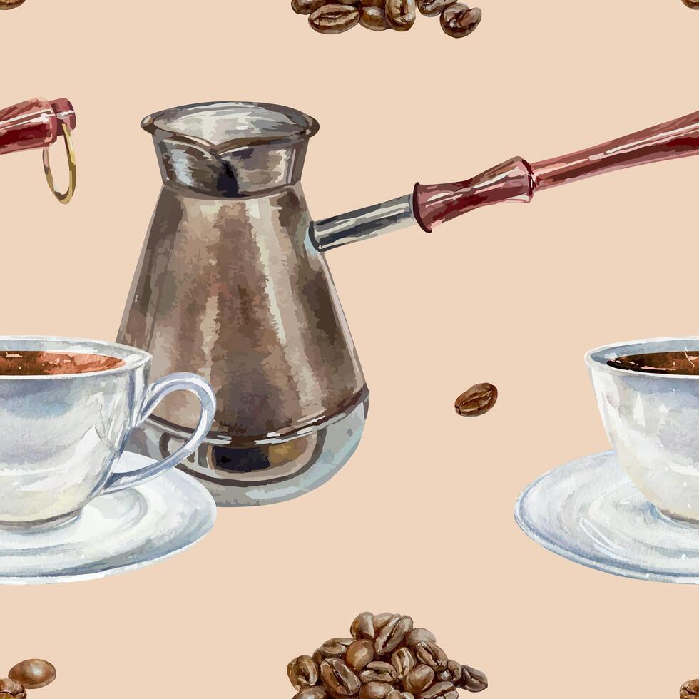 Cup of coffee, roasted beans, Turk for brewing a drink, seamless pattern, watercolor. Hand drawn illustration. For postcards, wrapping paper, covers, fabric, wallpaper, textile. vector