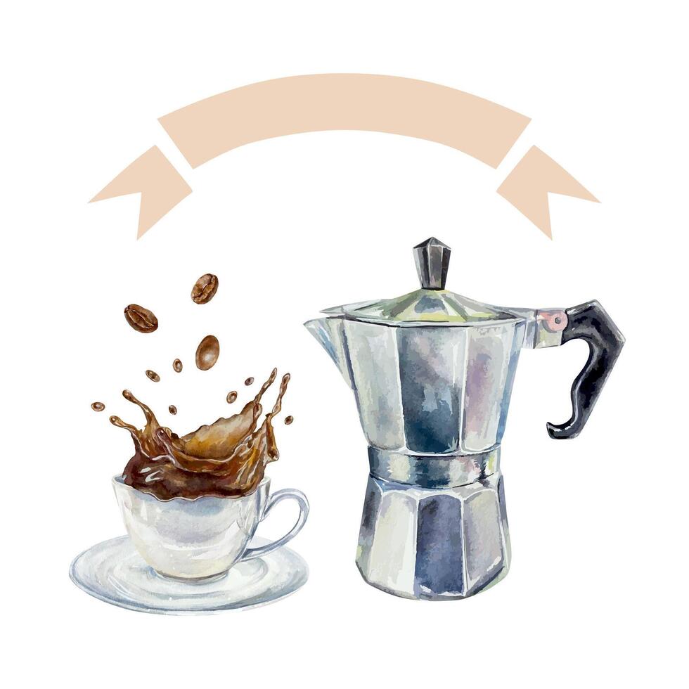 Cup of coffee with splashes of drink, metal geyser coffee maker, roasted beans, template for text. Hand drawn illustration. For postcards, invitations, posters for cozy cafes, large banners. vector