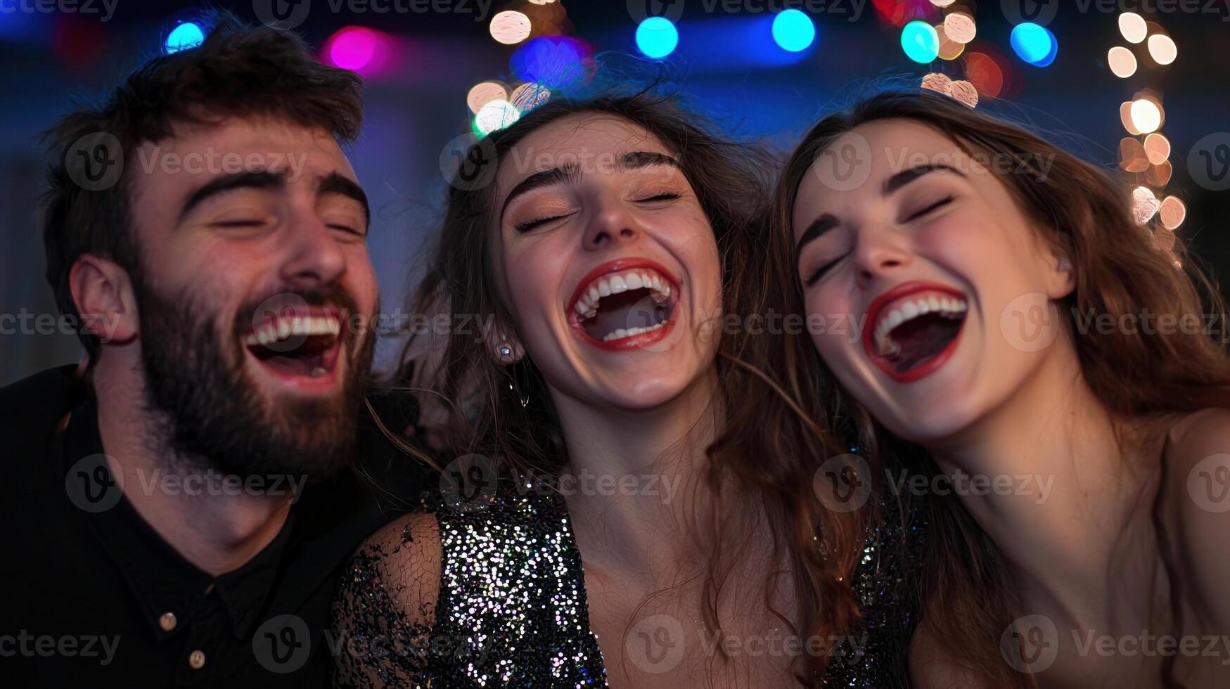 Three people laughing at a party photo
