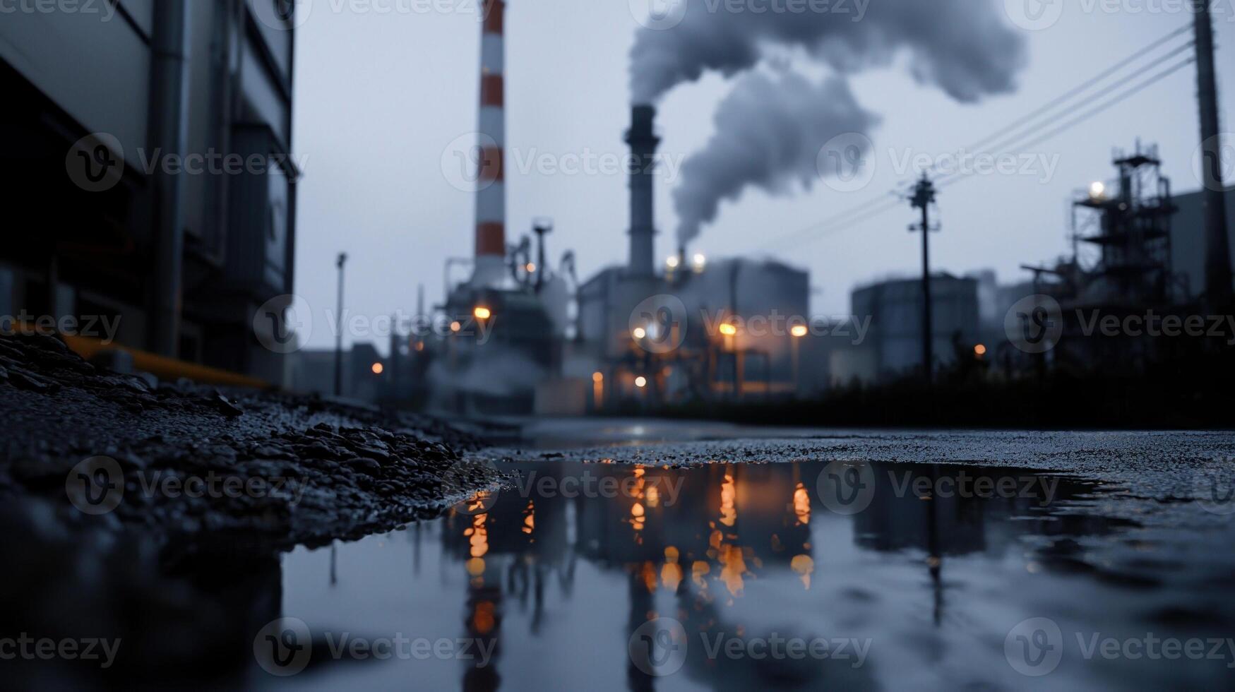 A factory with smoke coming out of it and a wet road photo