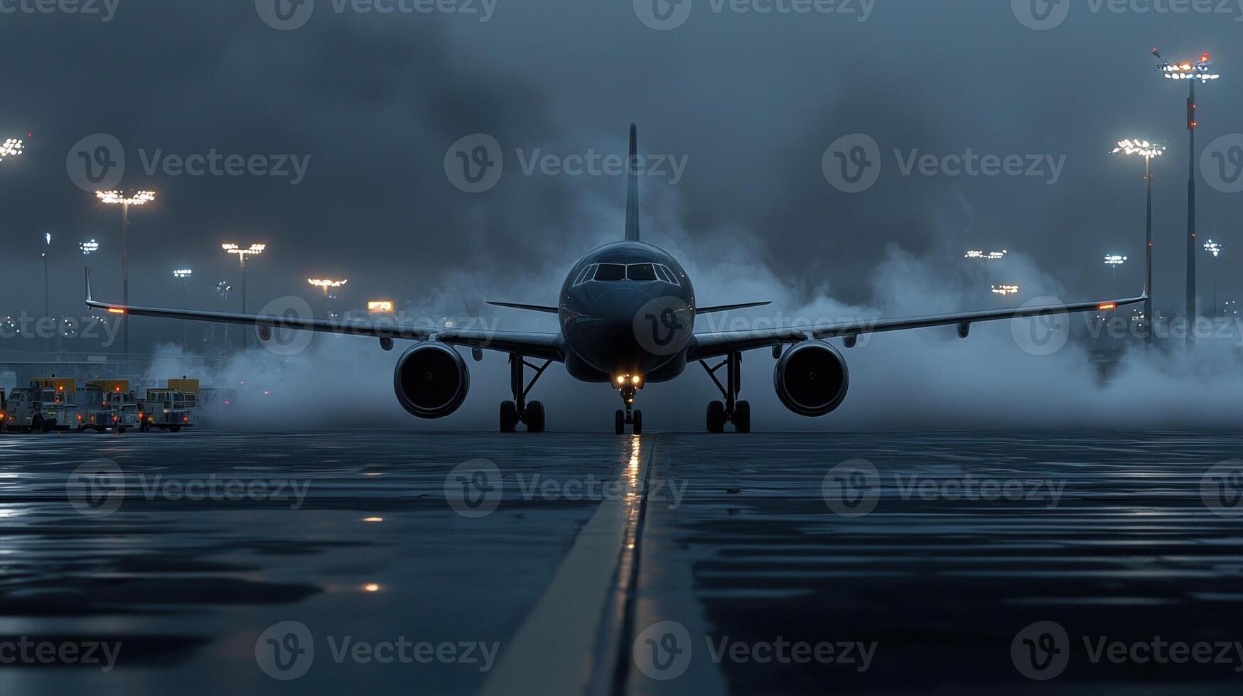 A jet is on the runway with smoke coming out of the back photo