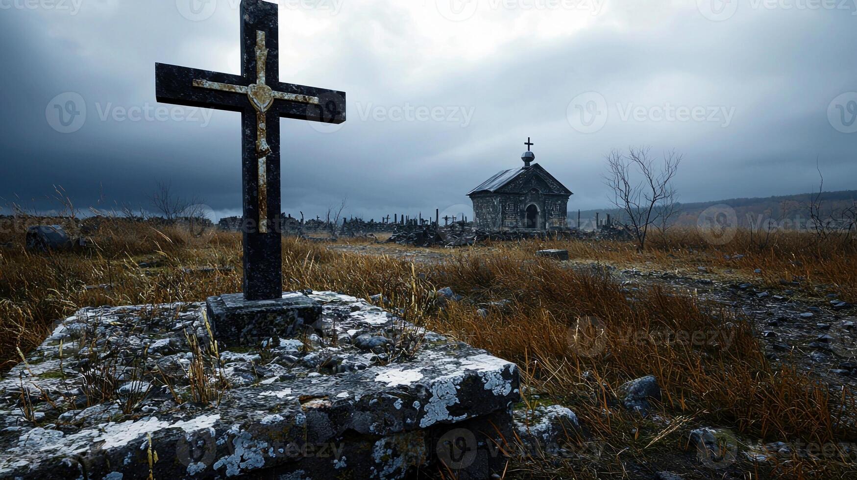A cross is standing on a stone slab in a field photo