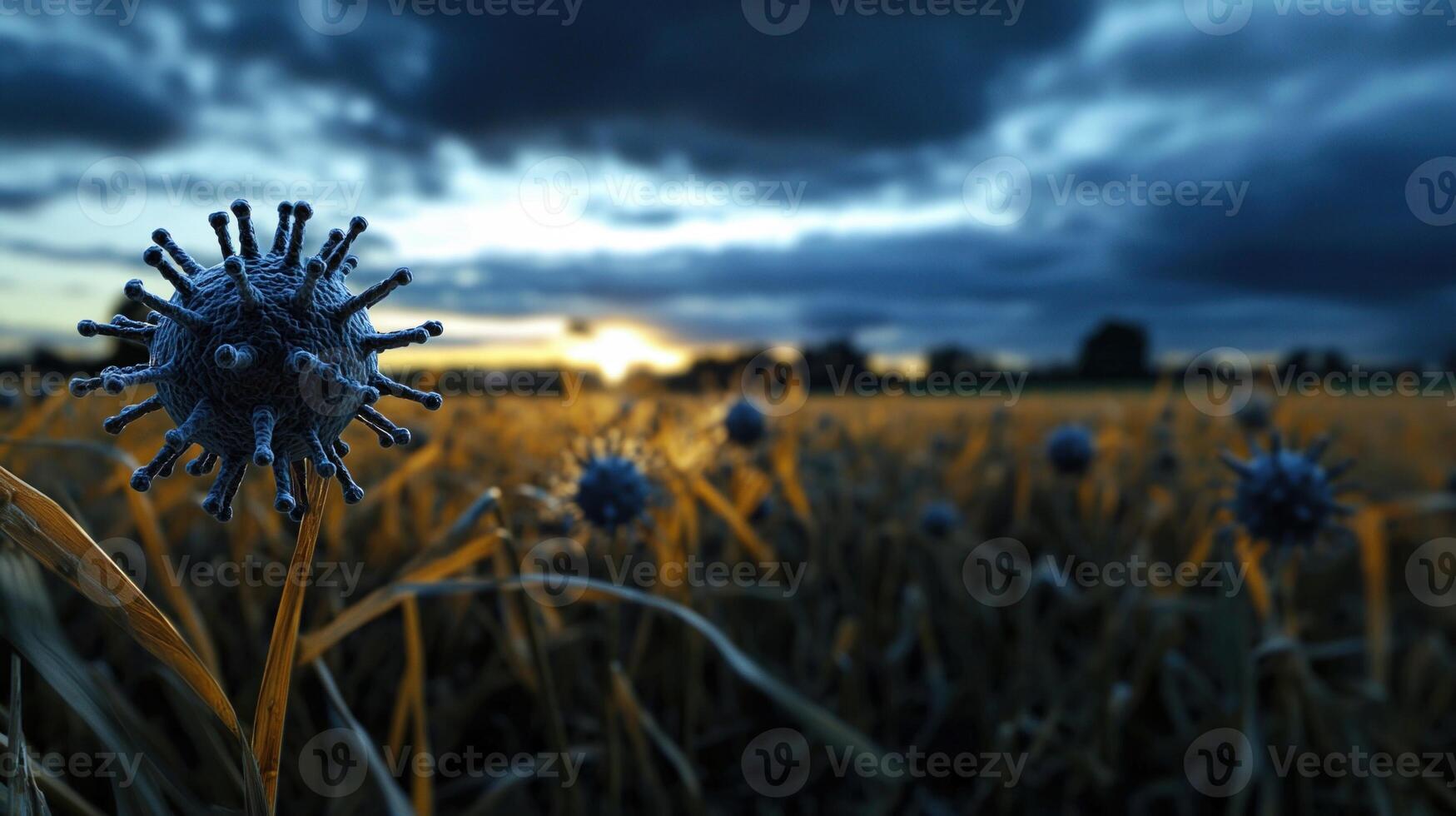 A field of corn with a blue flower in the middle photo