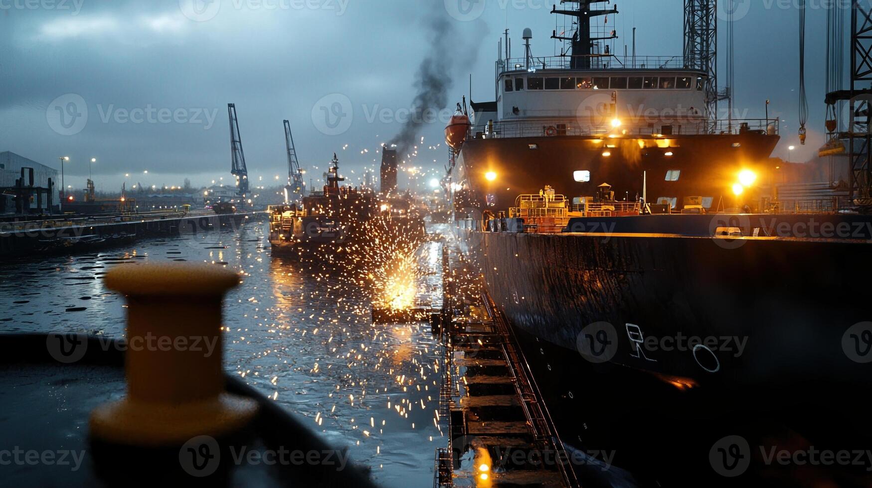 A large ship is docked at a pier with a small boat in the foreground photo