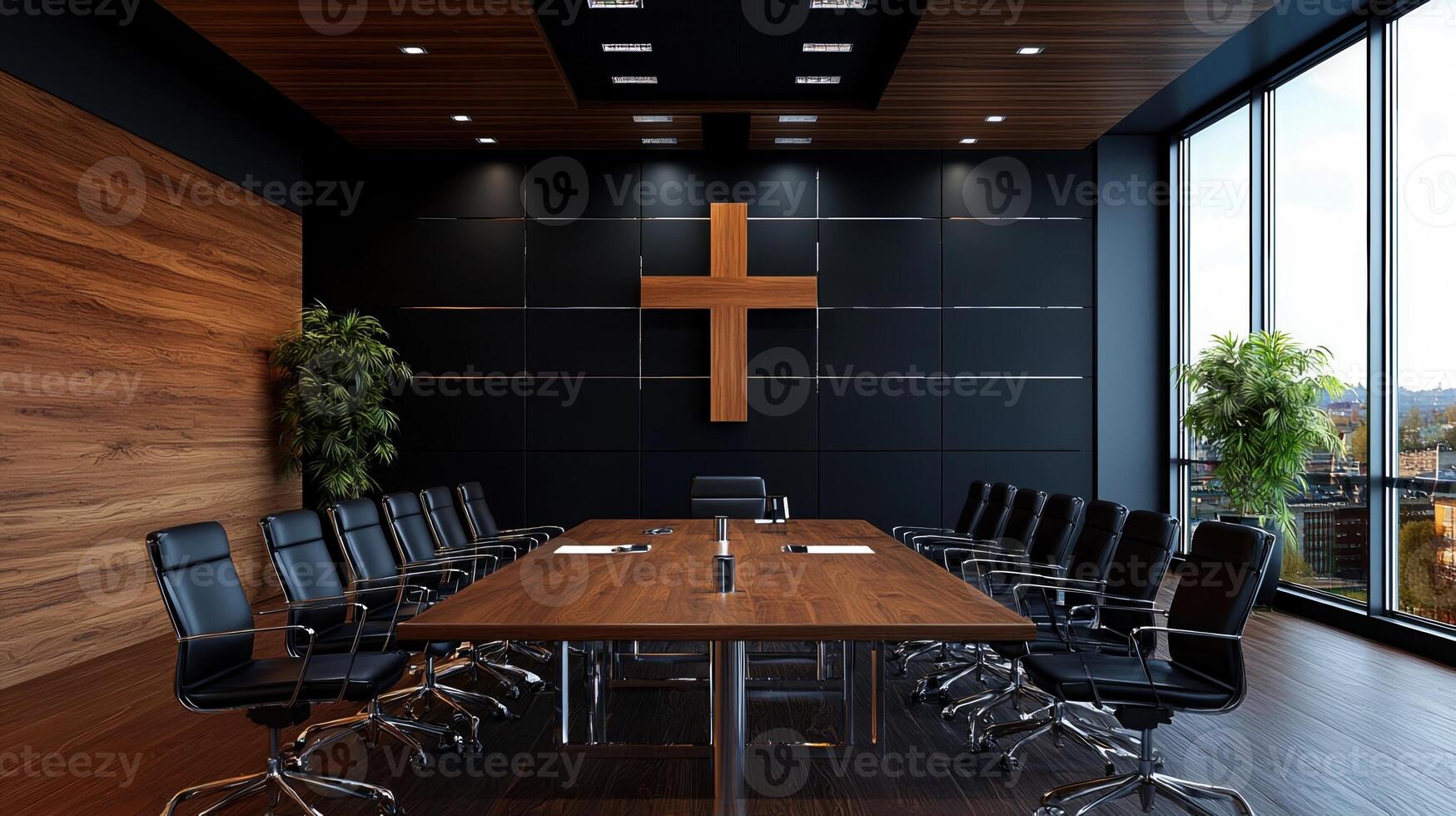 A large conference room with a wooden table and black chairs photo