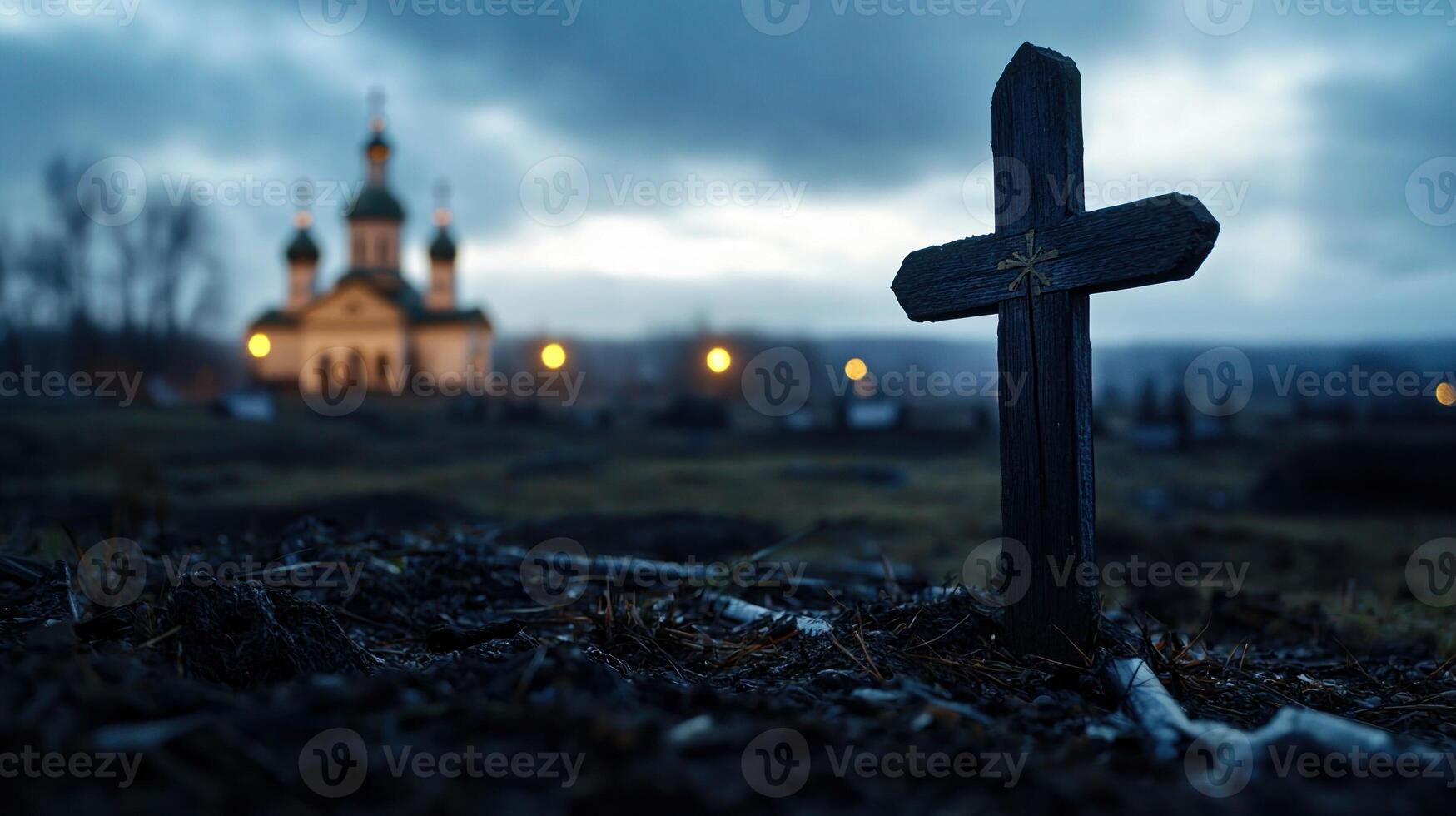 A small wooden cross is standing in a field next to a church photo