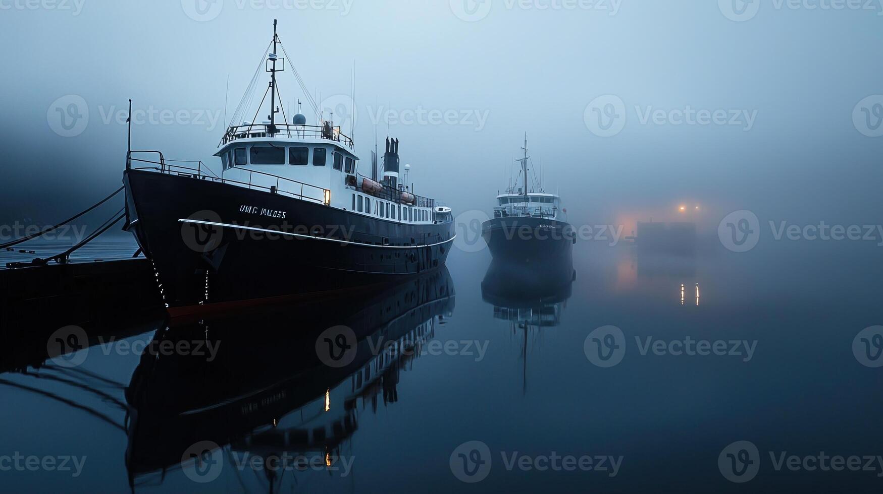 Two boats are docked in the fog photo
