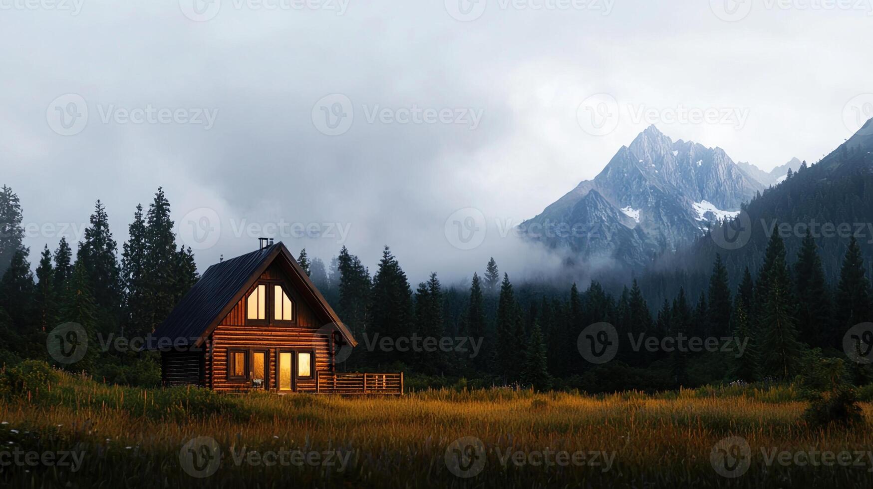 A cabin in the mountains with a mountain in the background photo