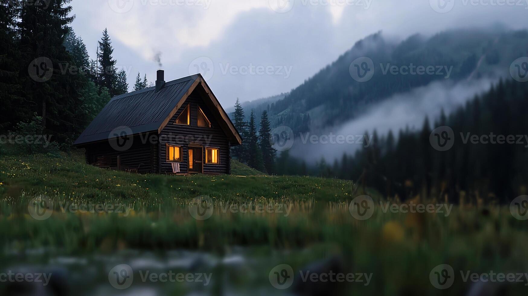 A cabin in the mountains with a foggy sky photo