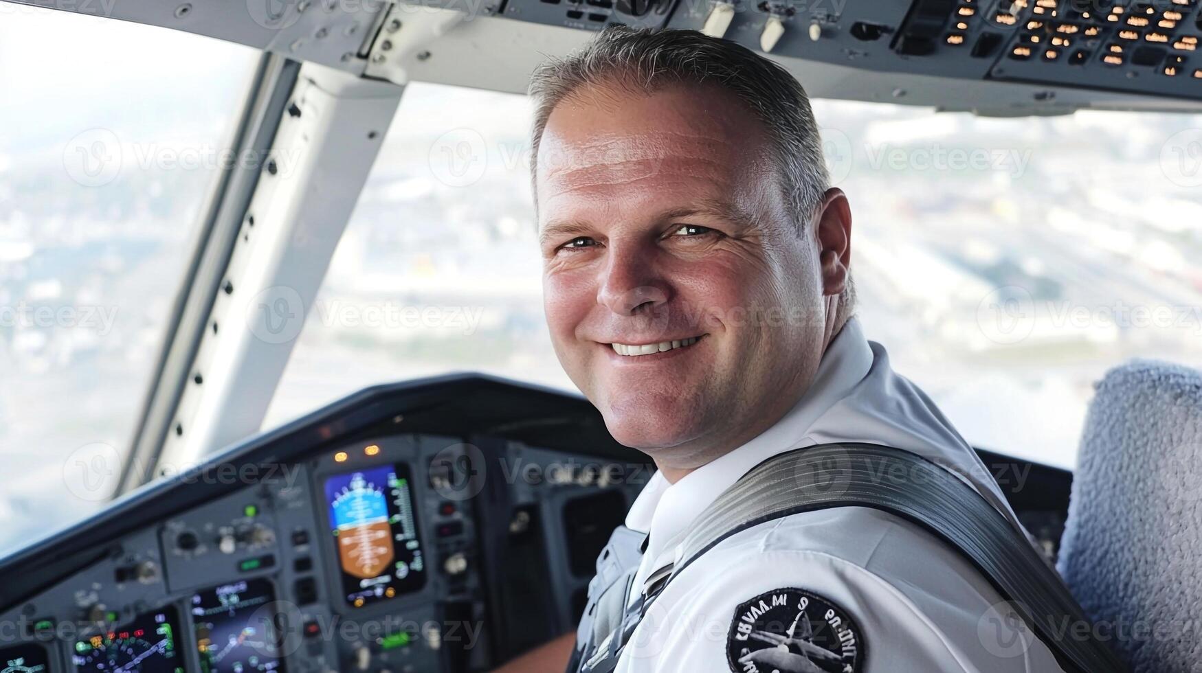 A smiling man in a pilot's uniform sitting in the cockpit photo