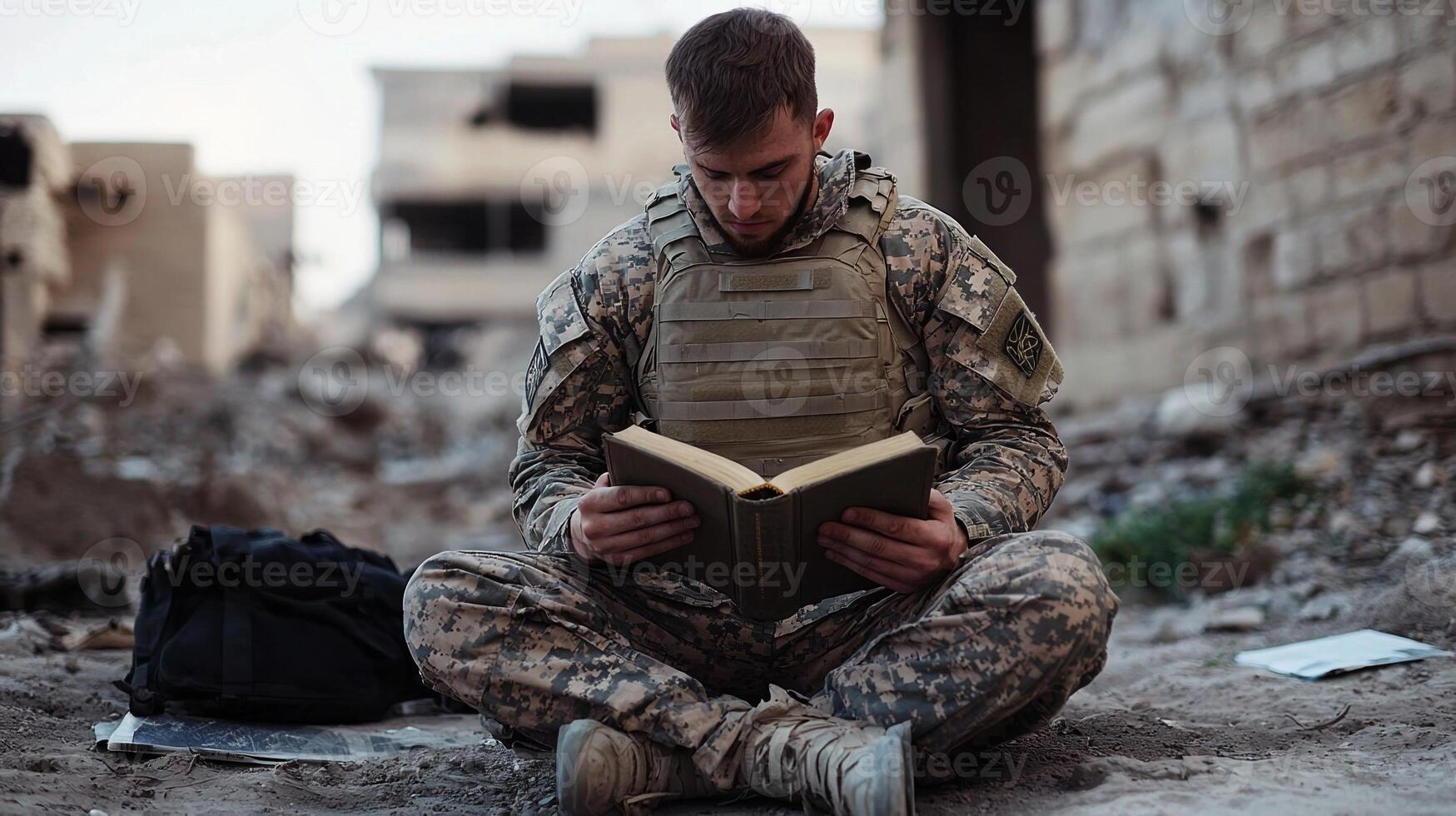 A man in a military uniform is reading a book while sitting on the ground photo