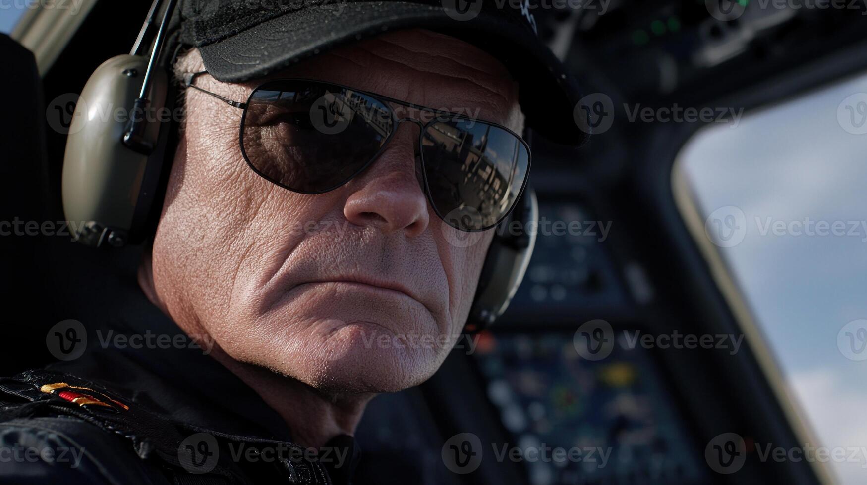 A man in sunglasses and a hat is sitting in the cockpit of a helicopter photo