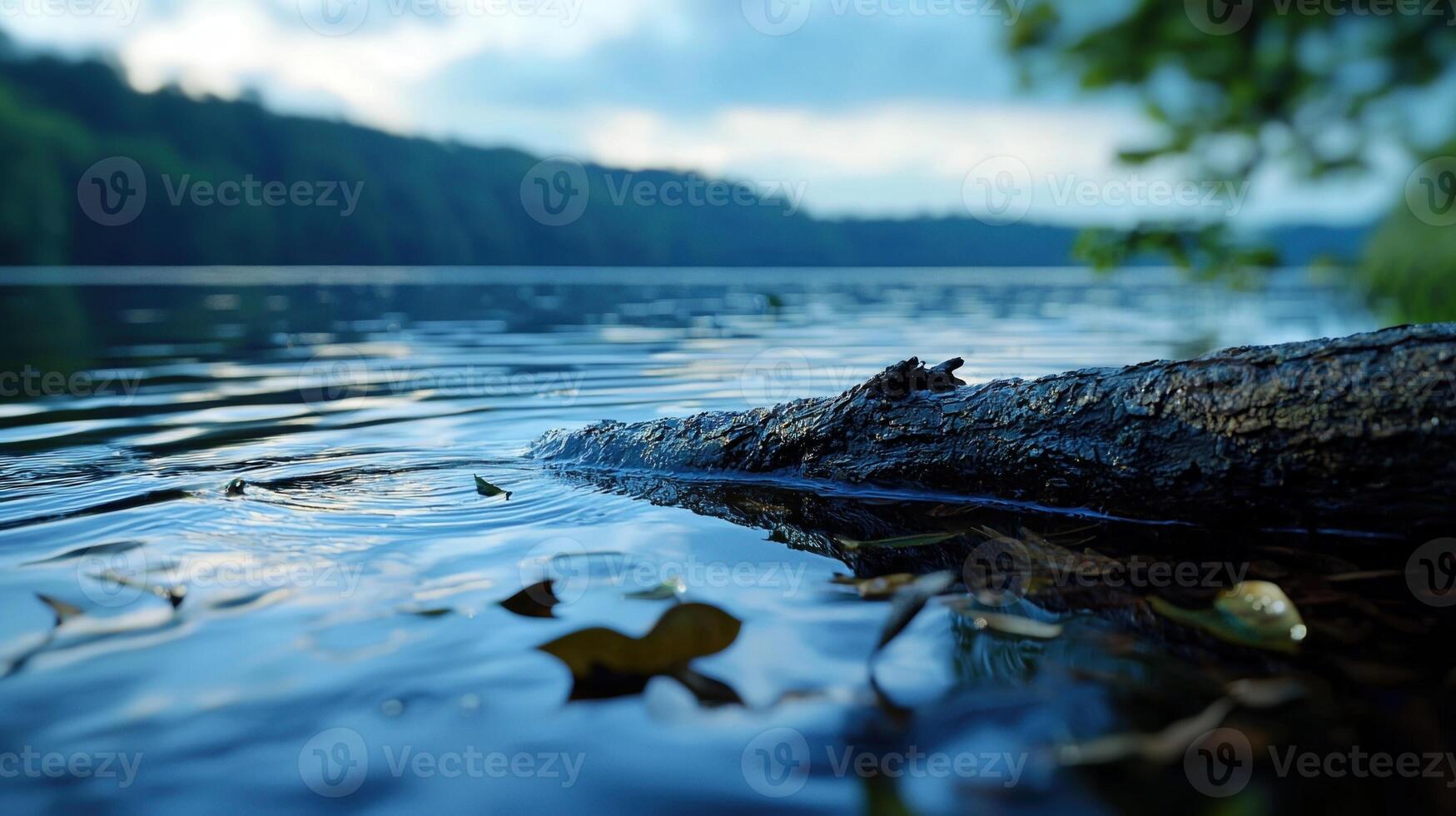 A log on the edge of a lake with trees in the background photo