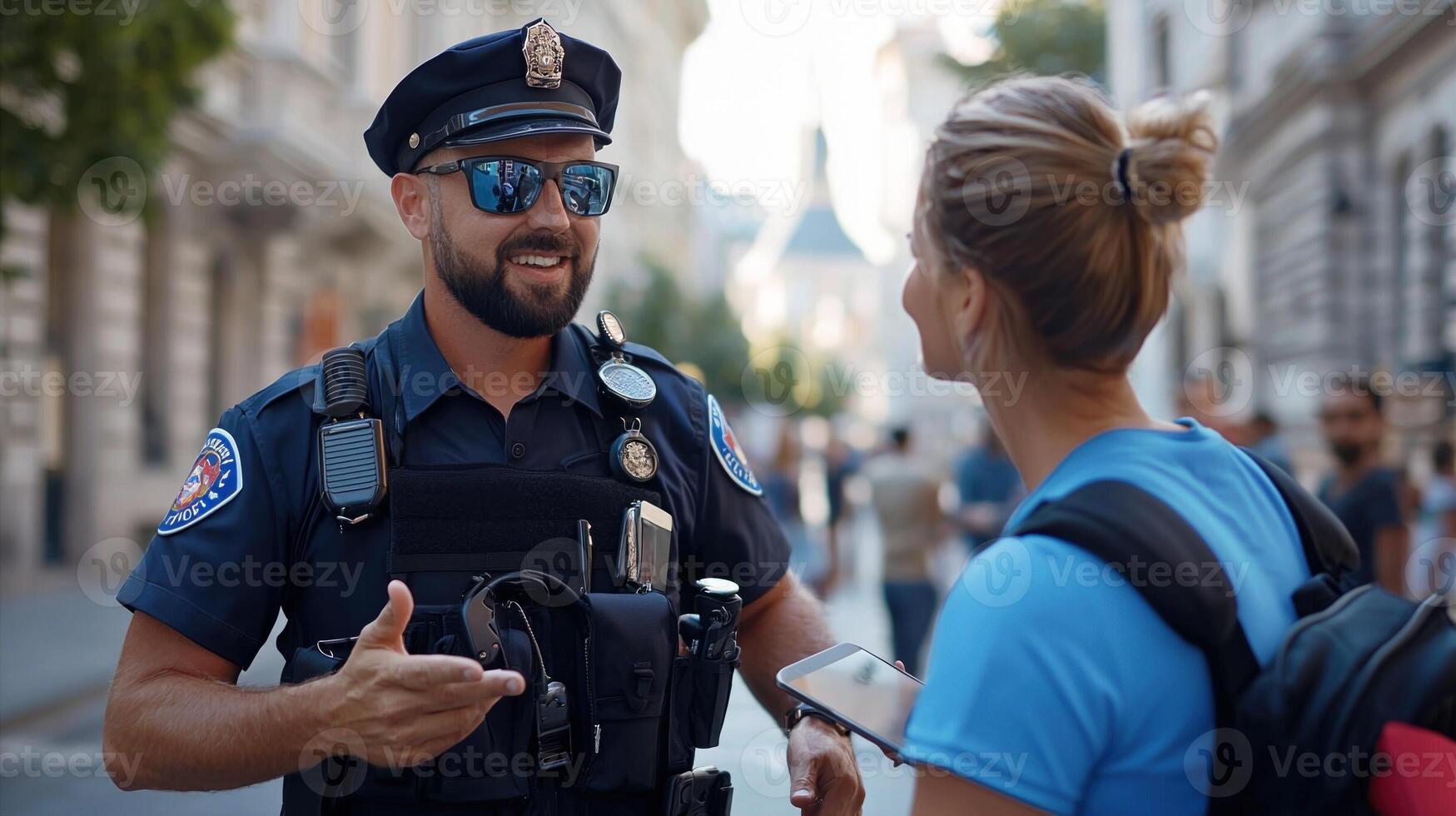 A police officer talking to a woman photo