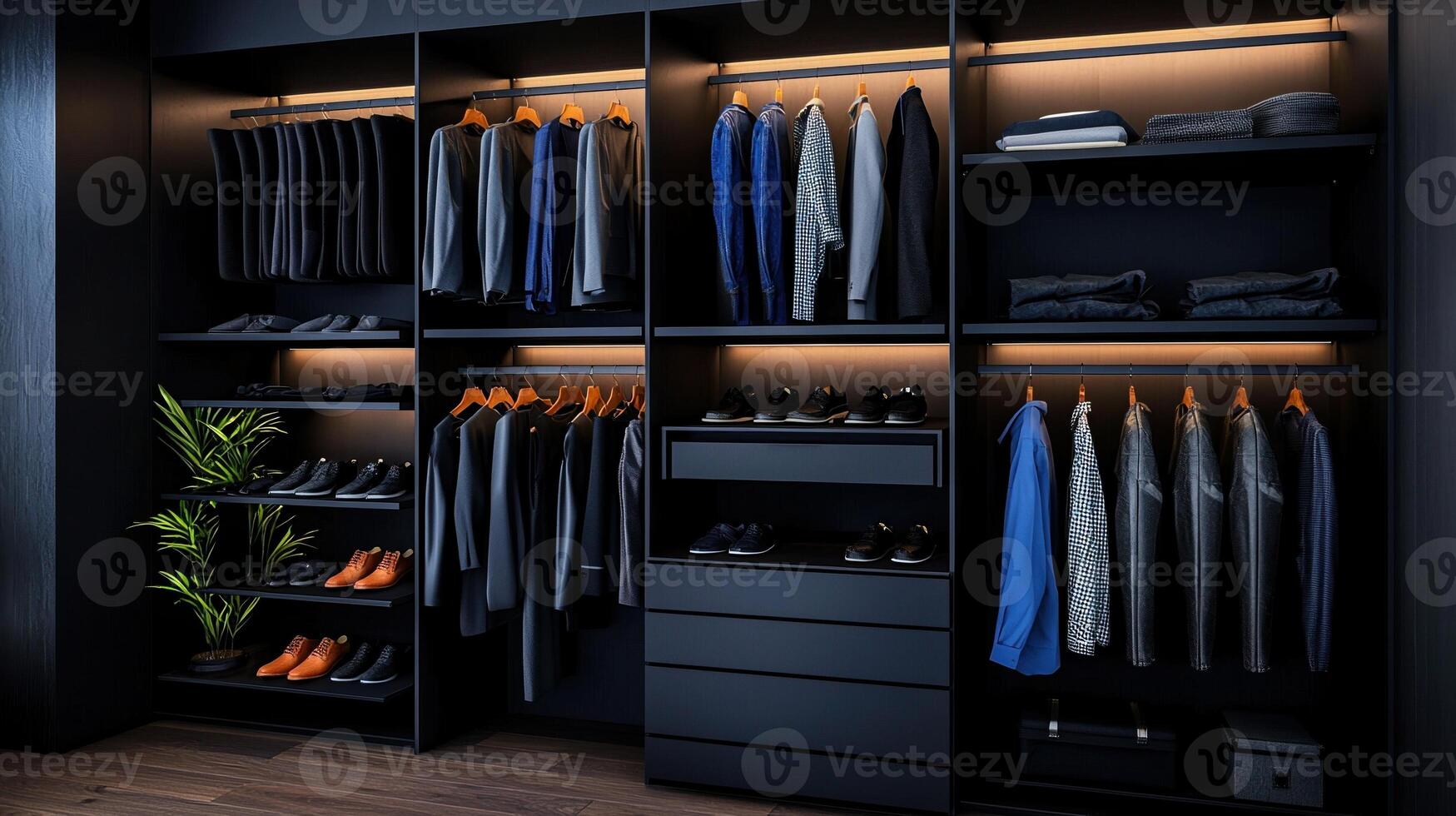 A closet with black shelves and clothes photo
