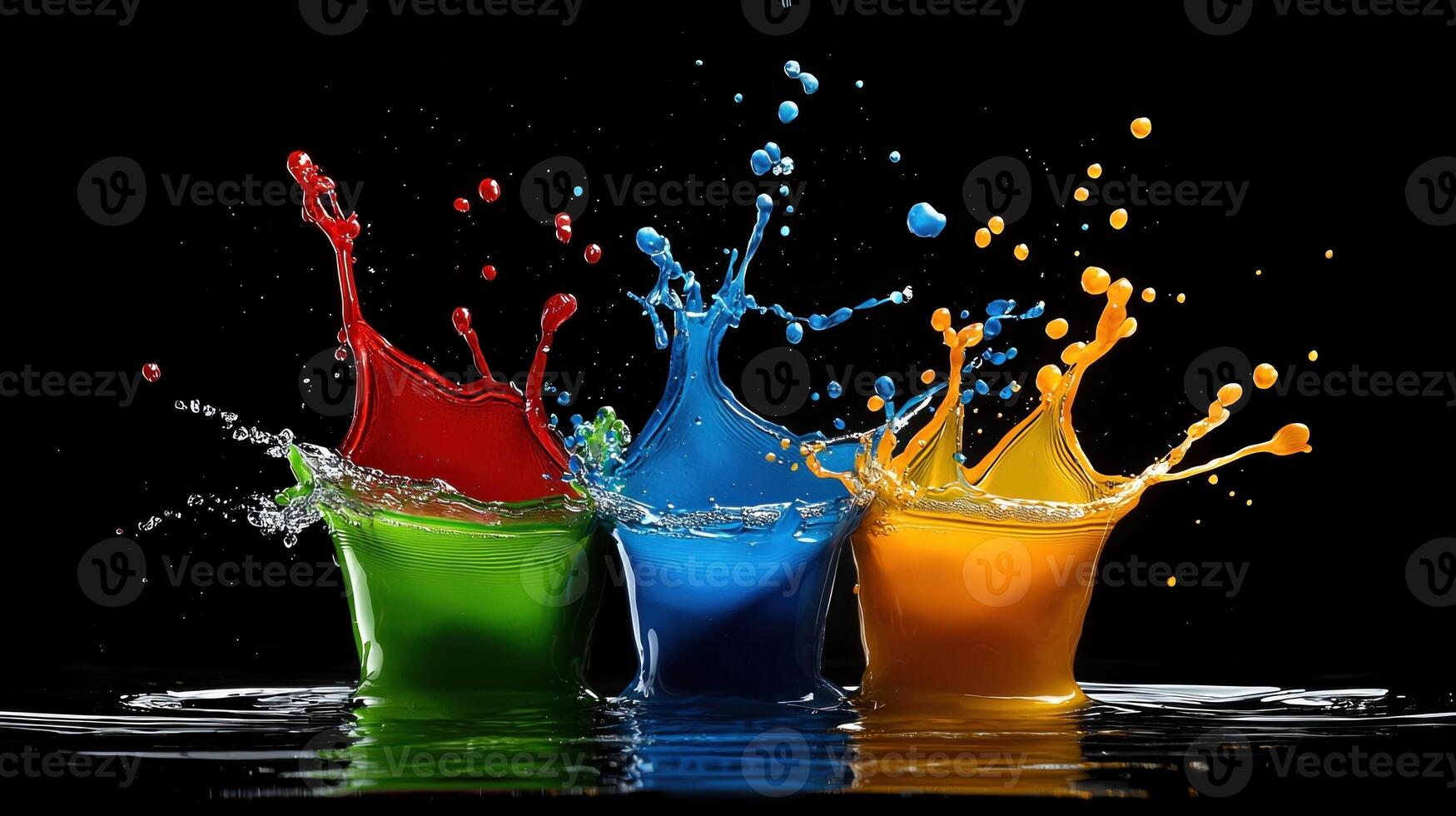 Three colorful drinks are splashing in the water photo