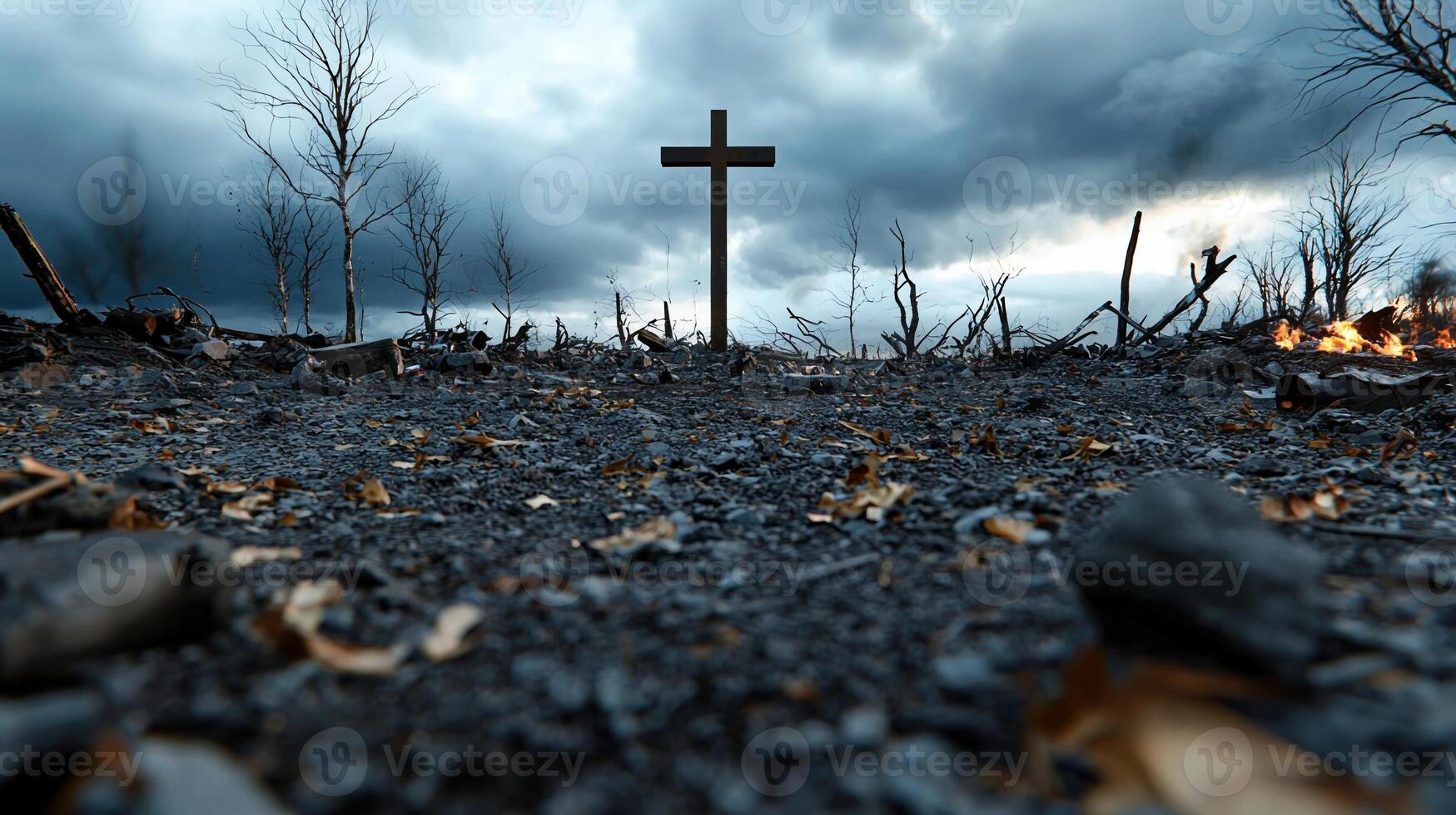 A cross is standing in a field of rubble and debris photo