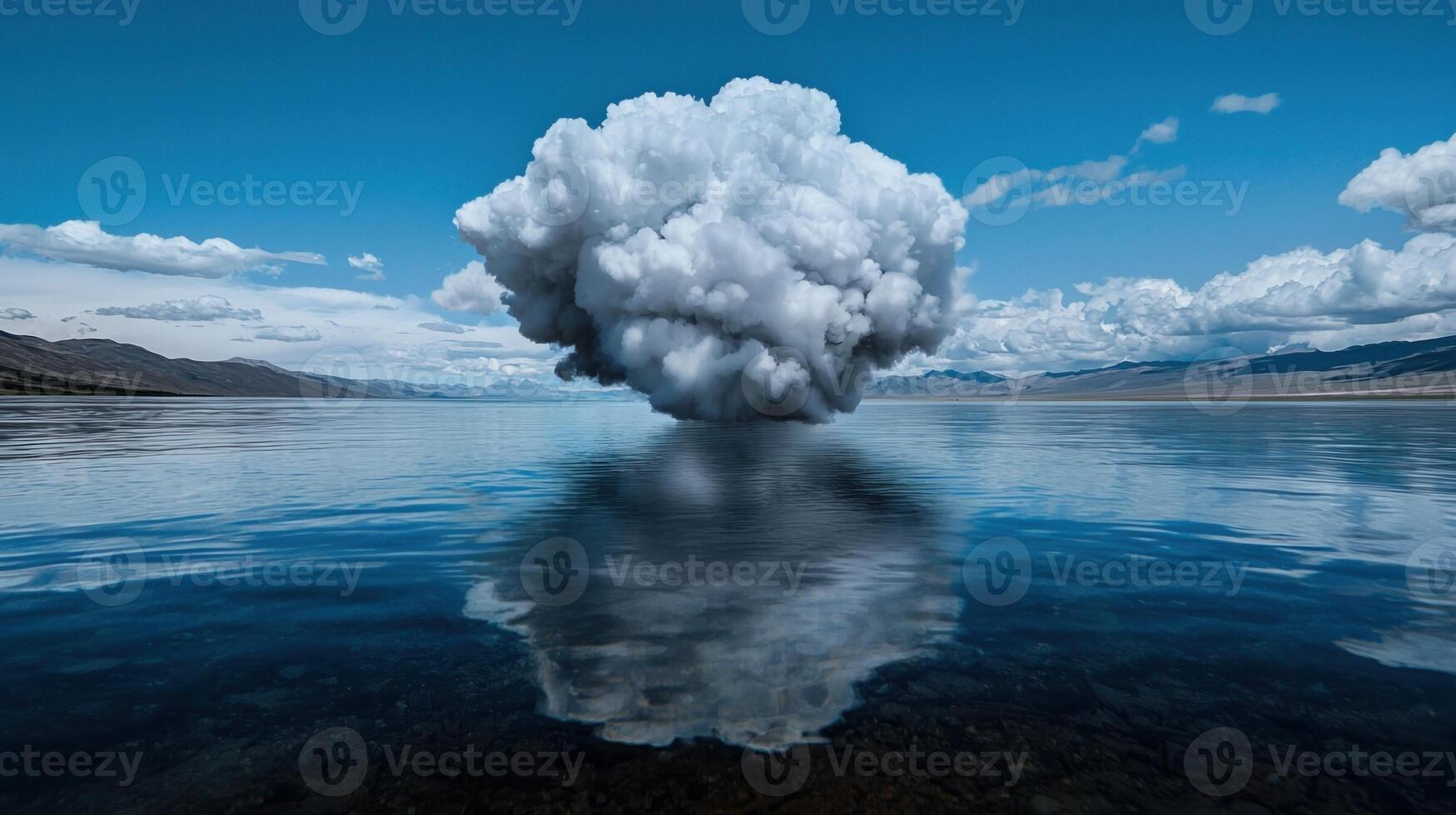 A cloud floating in the water with mountains in the background photo