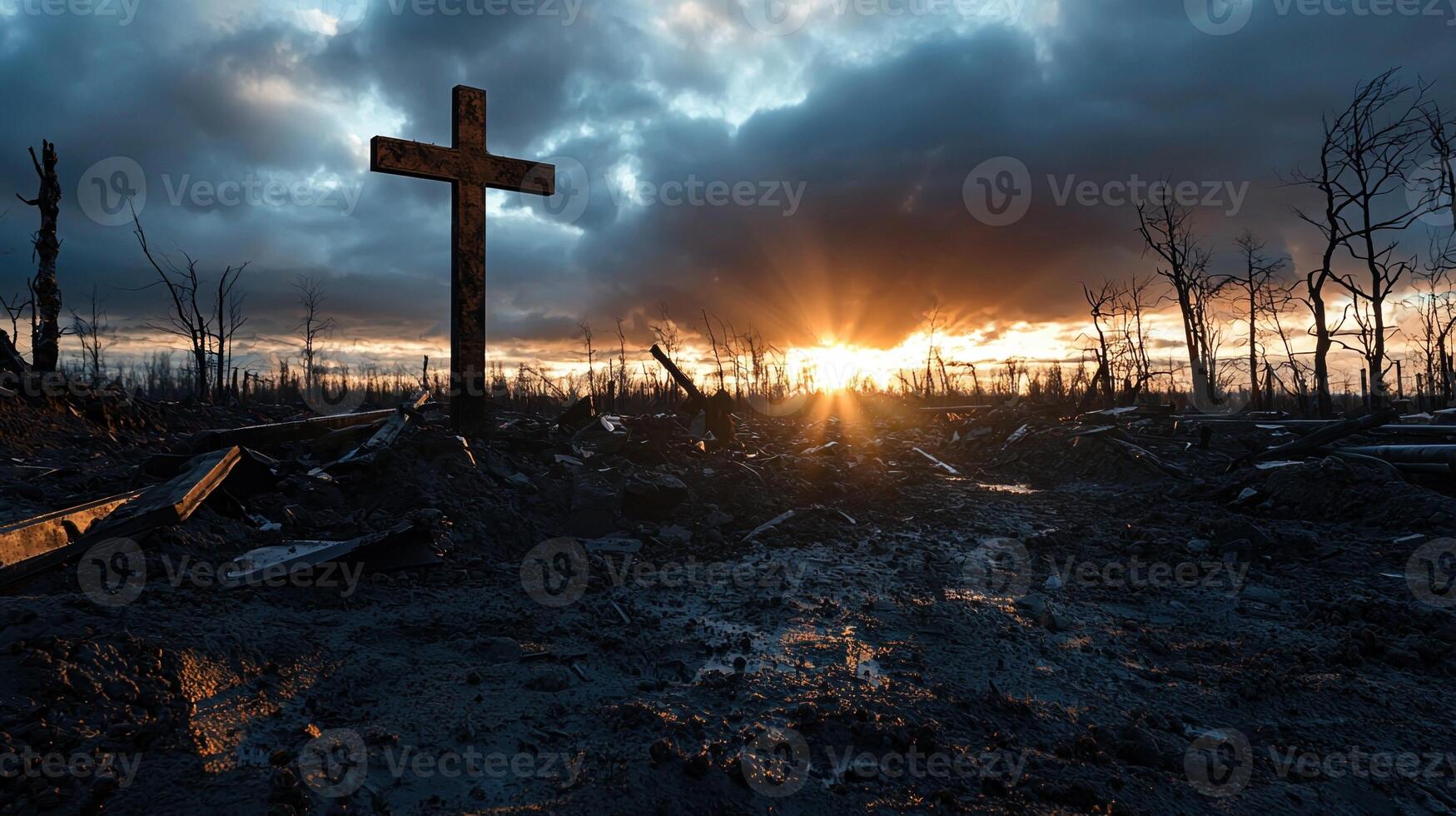 A cross is standing in a field of mud and debris photo