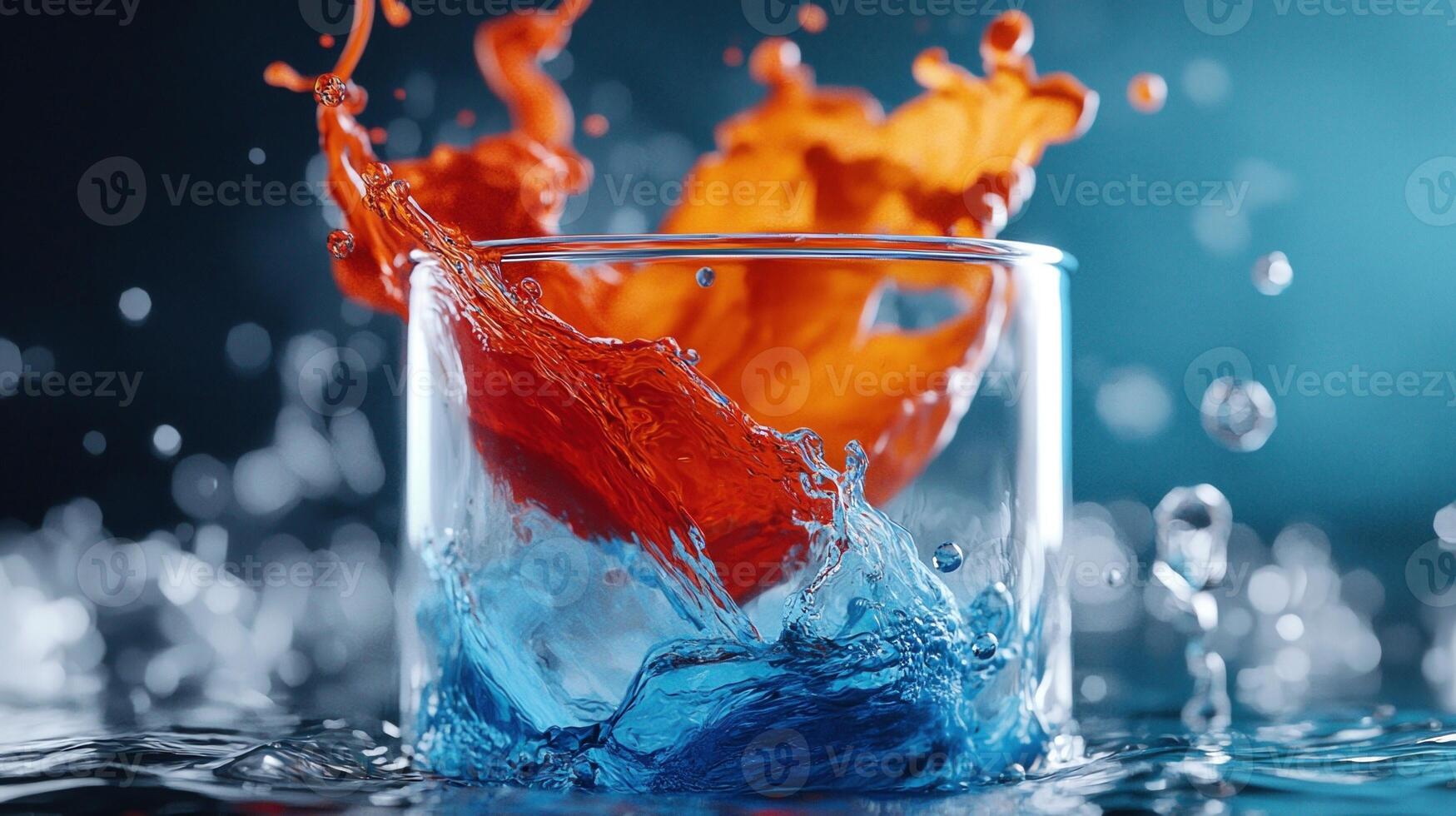 A glass with red and blue liquid splashing into it photo