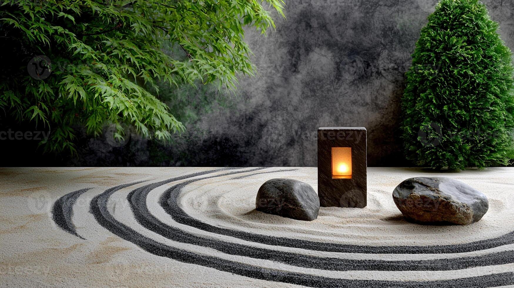 A small lantern sits on a rock in a sand circle photo