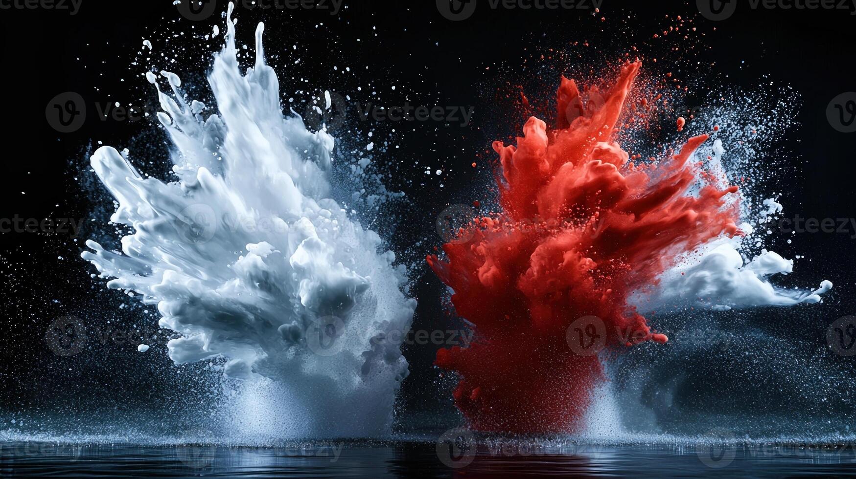Two red and white splashes are shown on a black background photo