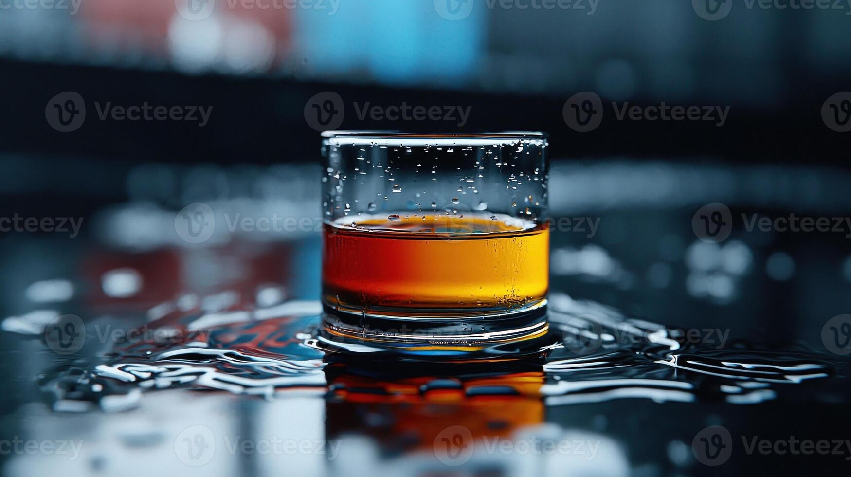 A glass of liquor is sitting on a table with water droplets around it photo