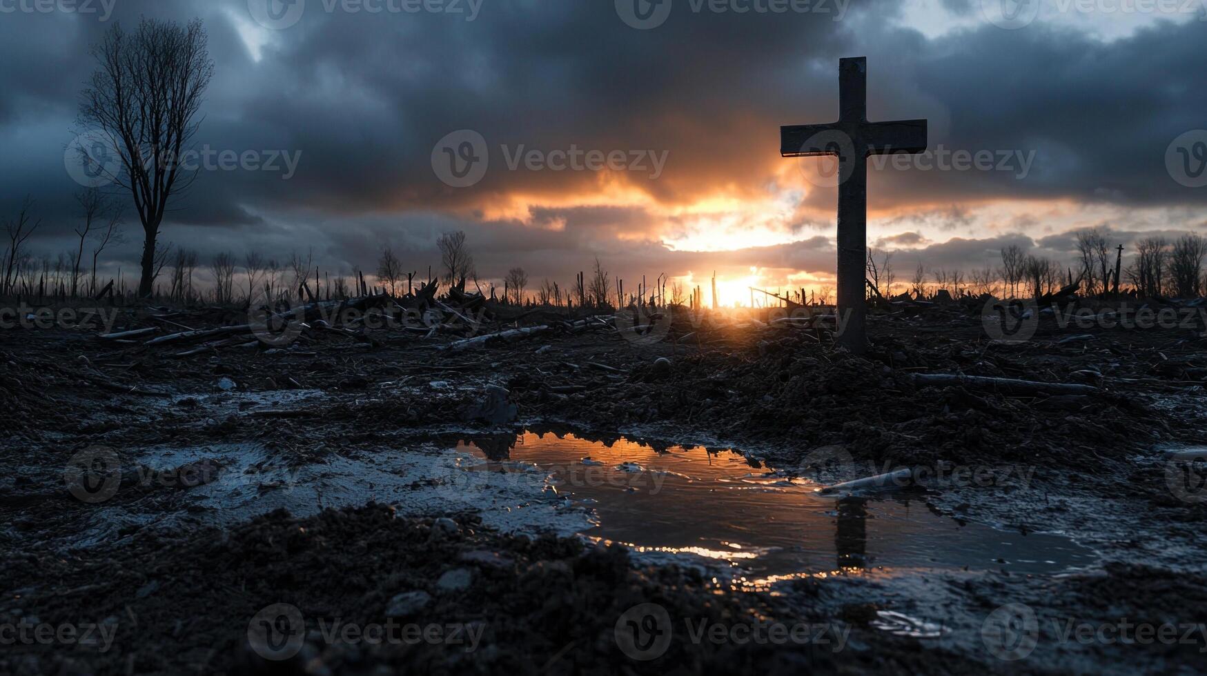 A cross is standing in a field with a sunset in the background photo