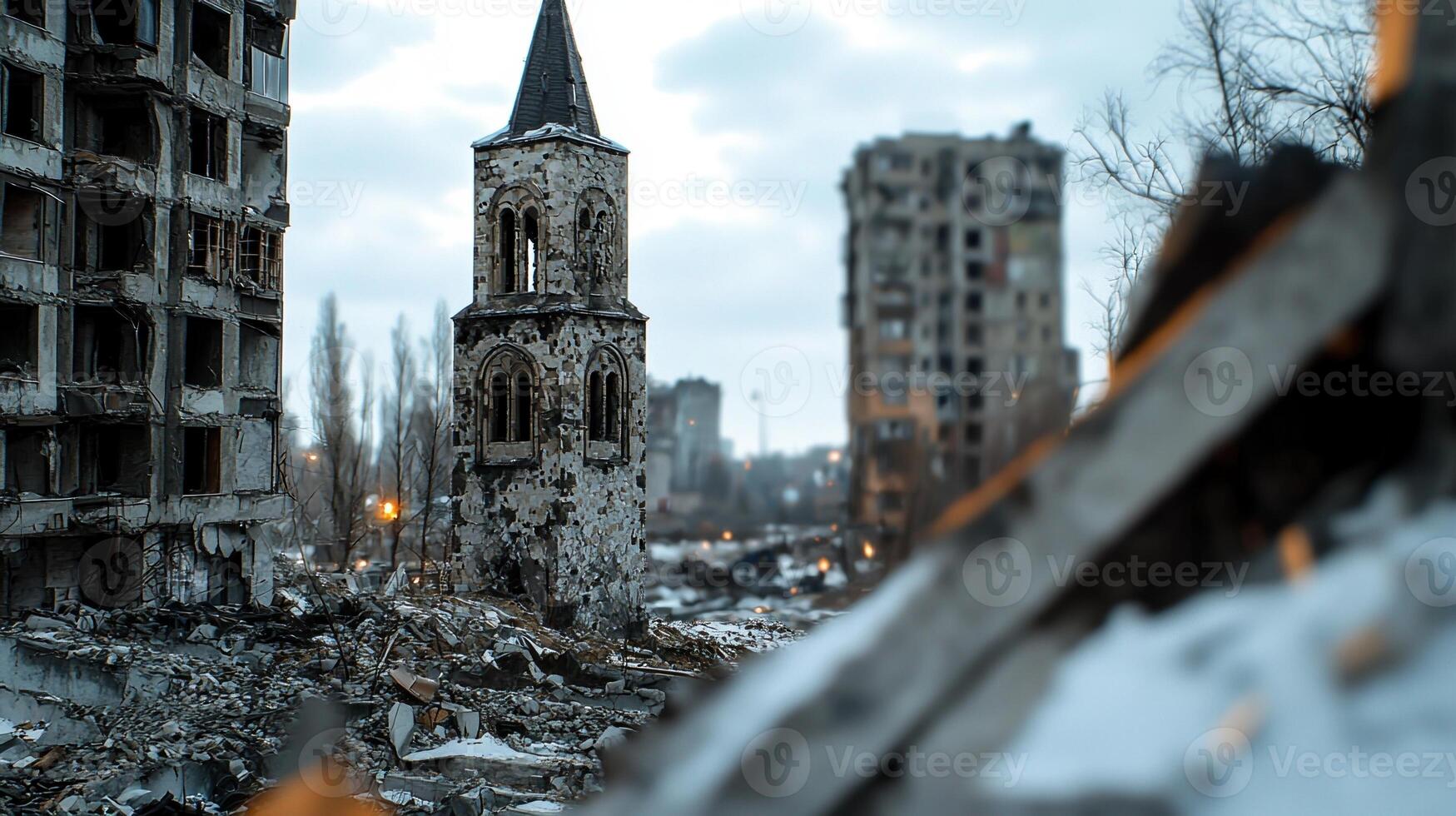 A city with a tall tower and a lot of buildings photo