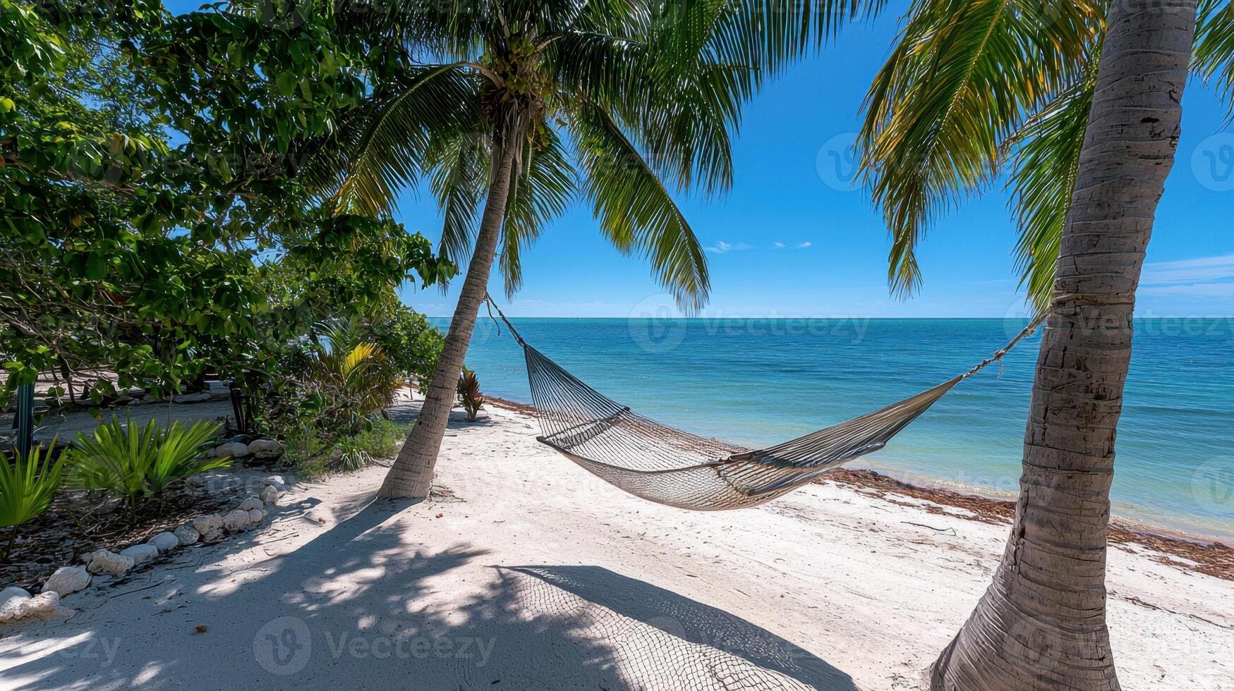 A hammock swings gently between two palm trees on a sandy beach. The tranquil atmosphere is enhanced by the turquoise water and sunny blue sky, perfect for relaxation photo
