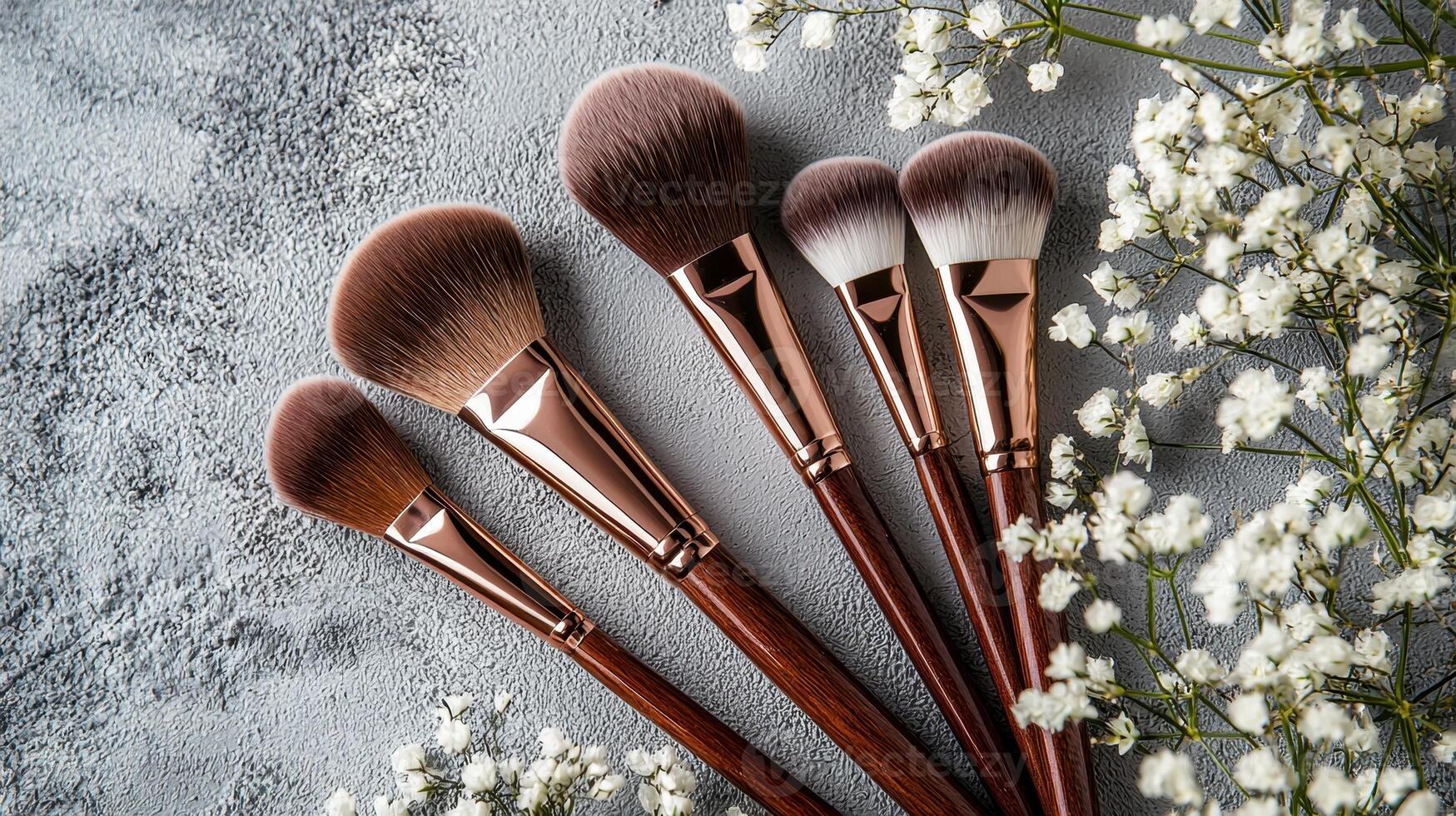Five high-quality makeup brushes in varying sizes lay together, showcasing their soft bristles and polished wooden handles, surrounded by small white flowers against a textured gray surface photo