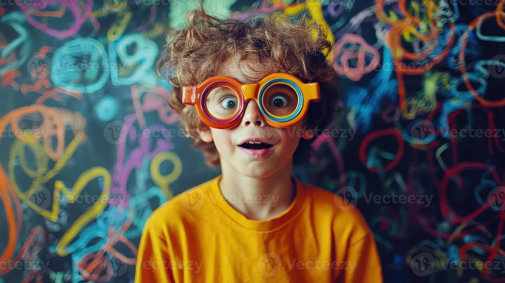 A young child stands against a wall covered in colorful chalk drawings. His curly hair and oversized glasses add to his playful expression of surprise, capturing a moment of joy and creativity photo