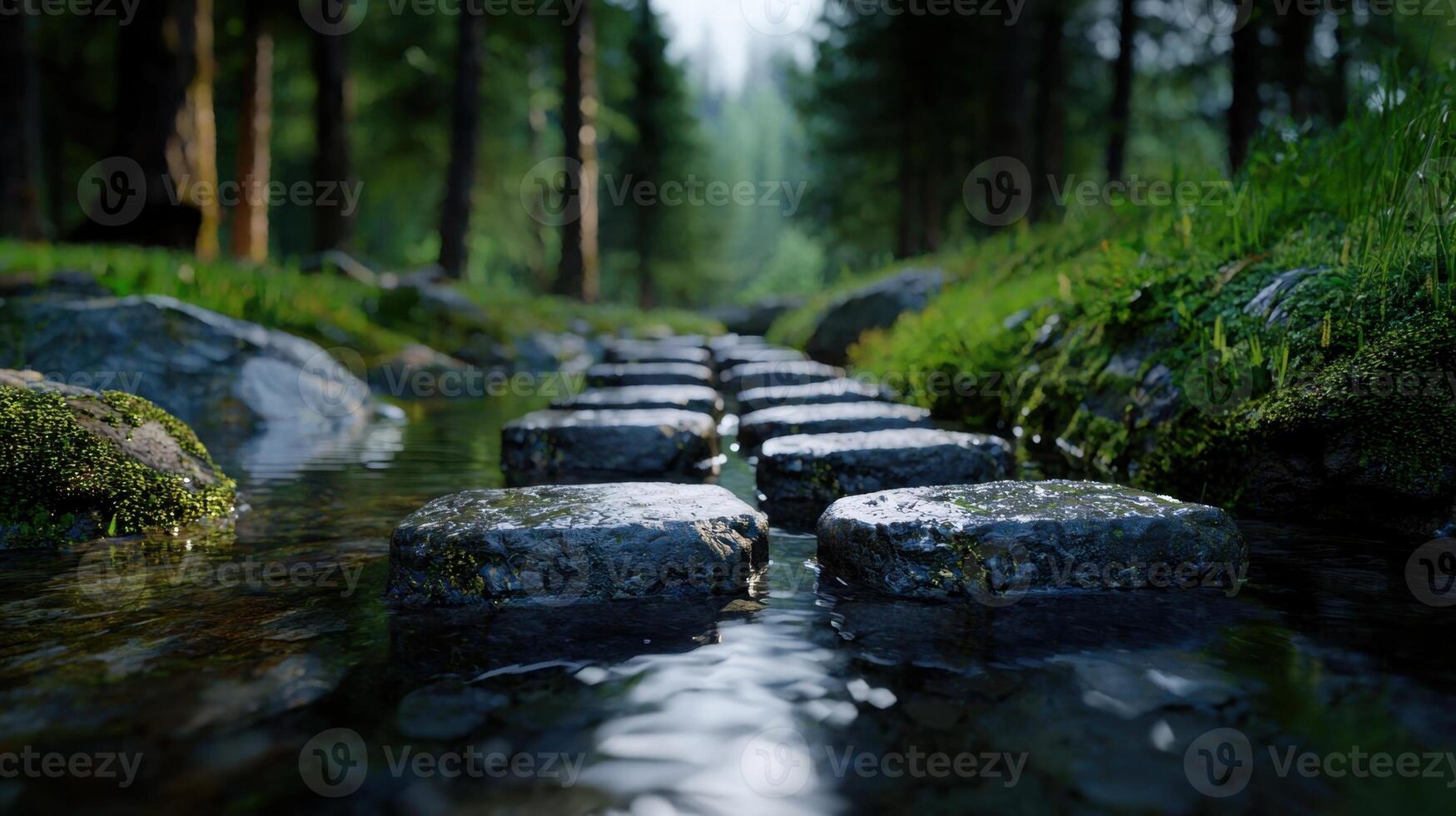 Stepping stones in a stream in a forest photo