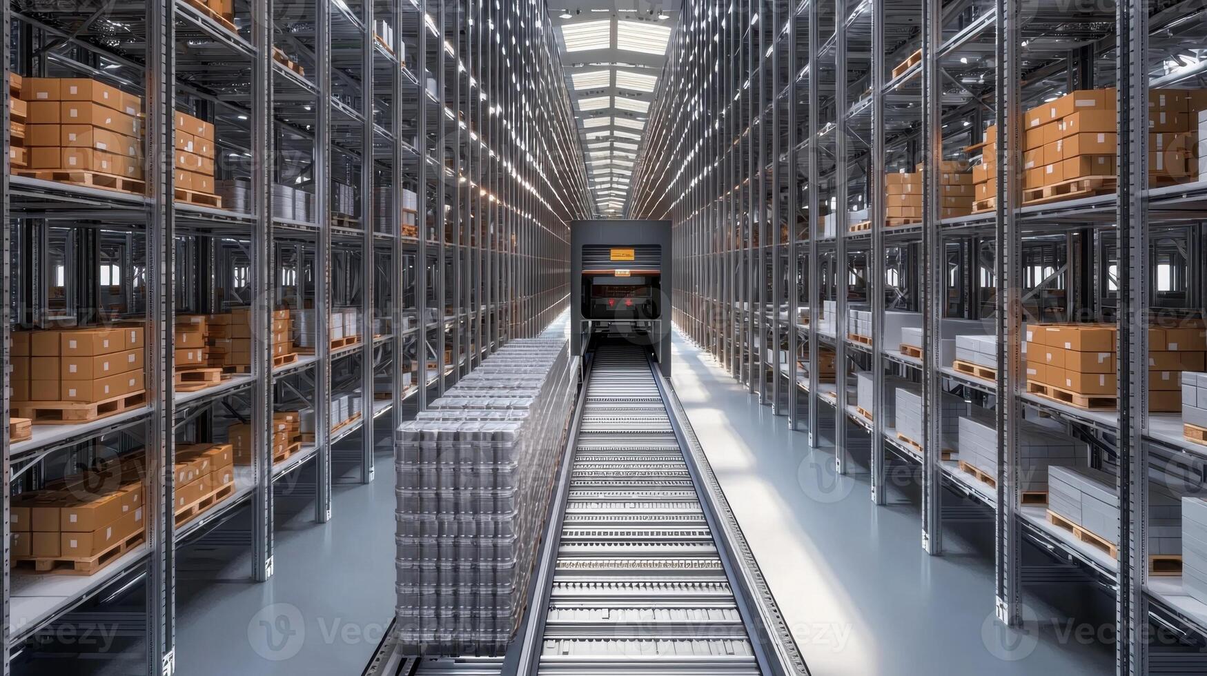 A spacious automated warehouse filled with metal shelving units. Pallets of goods are neatly arranged, while a conveyor system transports items towards a loading area photo