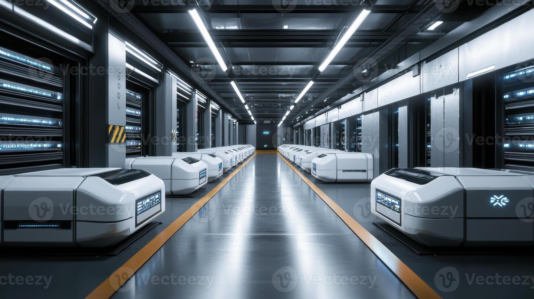 A sleek, modern storage facility houses several automated delivery robots aligned in neat rows. The facility is illuminated with bright overhead lights and features a high-tech design photo