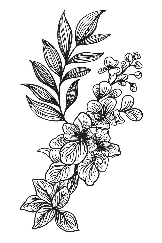 Blooming floral plant. Hand drawn spring flowers and leaves in line art style. botanical engraving on white background. Sketch for cards, invitations, decor, design vector