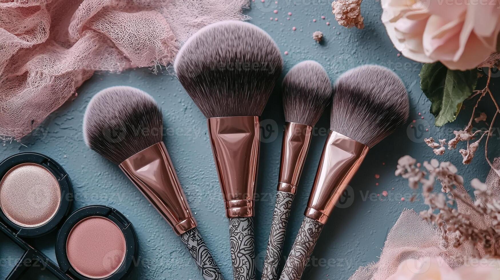 A set of five makeup brushes is displayed on a soft blue surface, accompanied by blush and highlighter compacts, creating a beauty-themed layout perfect for inspiration photo