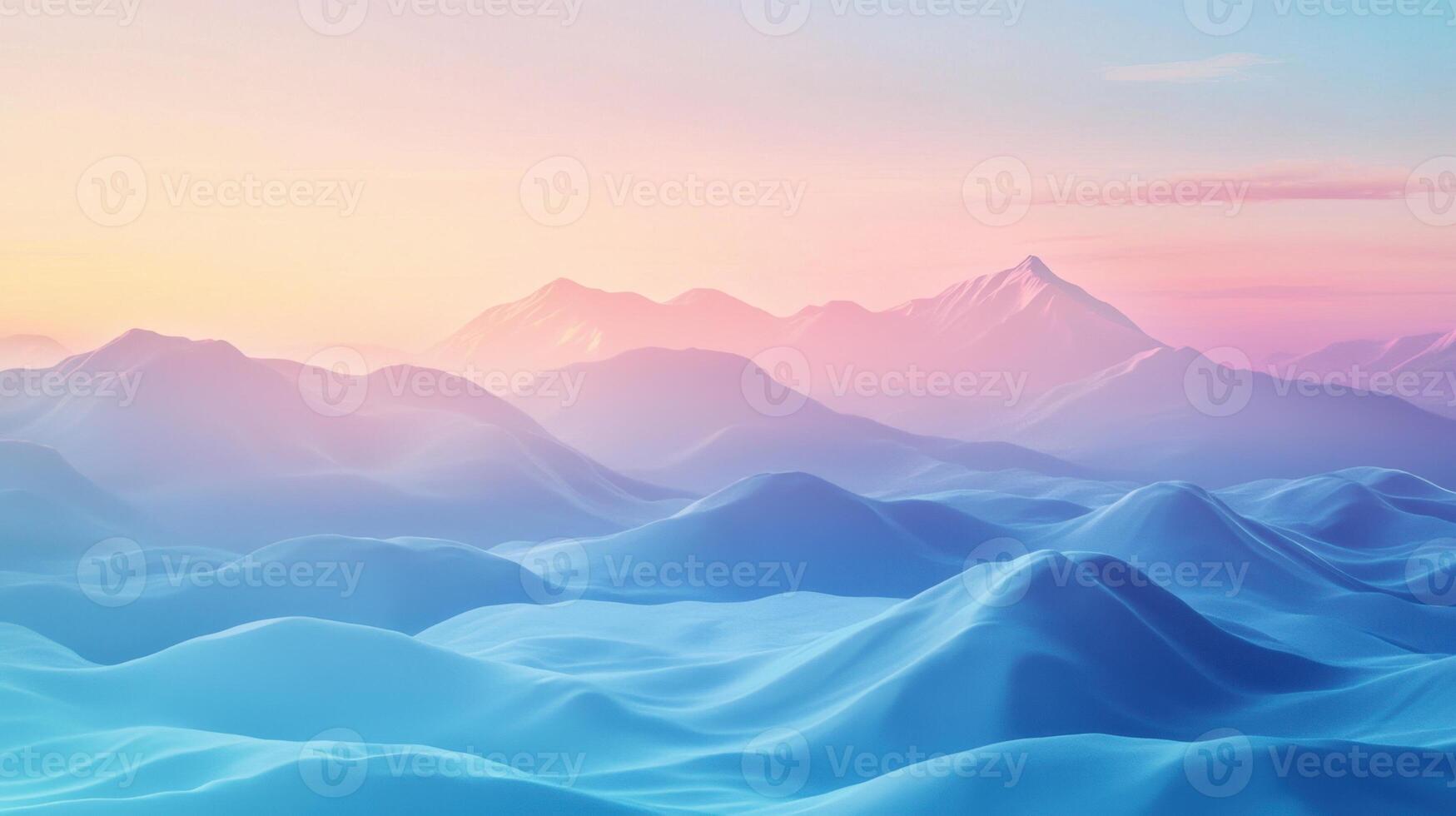 3d rendering of mountains and water at sunset photo
