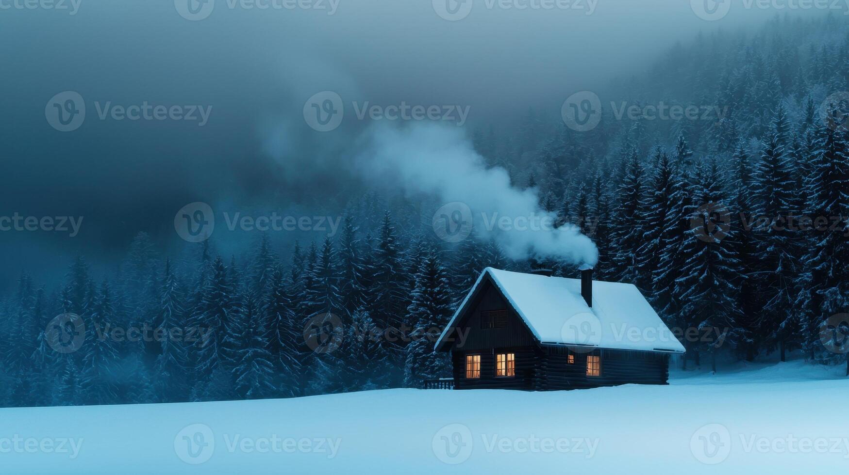 A rustic cabin sits peacefully in a blanket of snow, with warm light glowing from its windows. Smoke gently rises from the chimney, blending with the twilight sky and surrounding trees photo