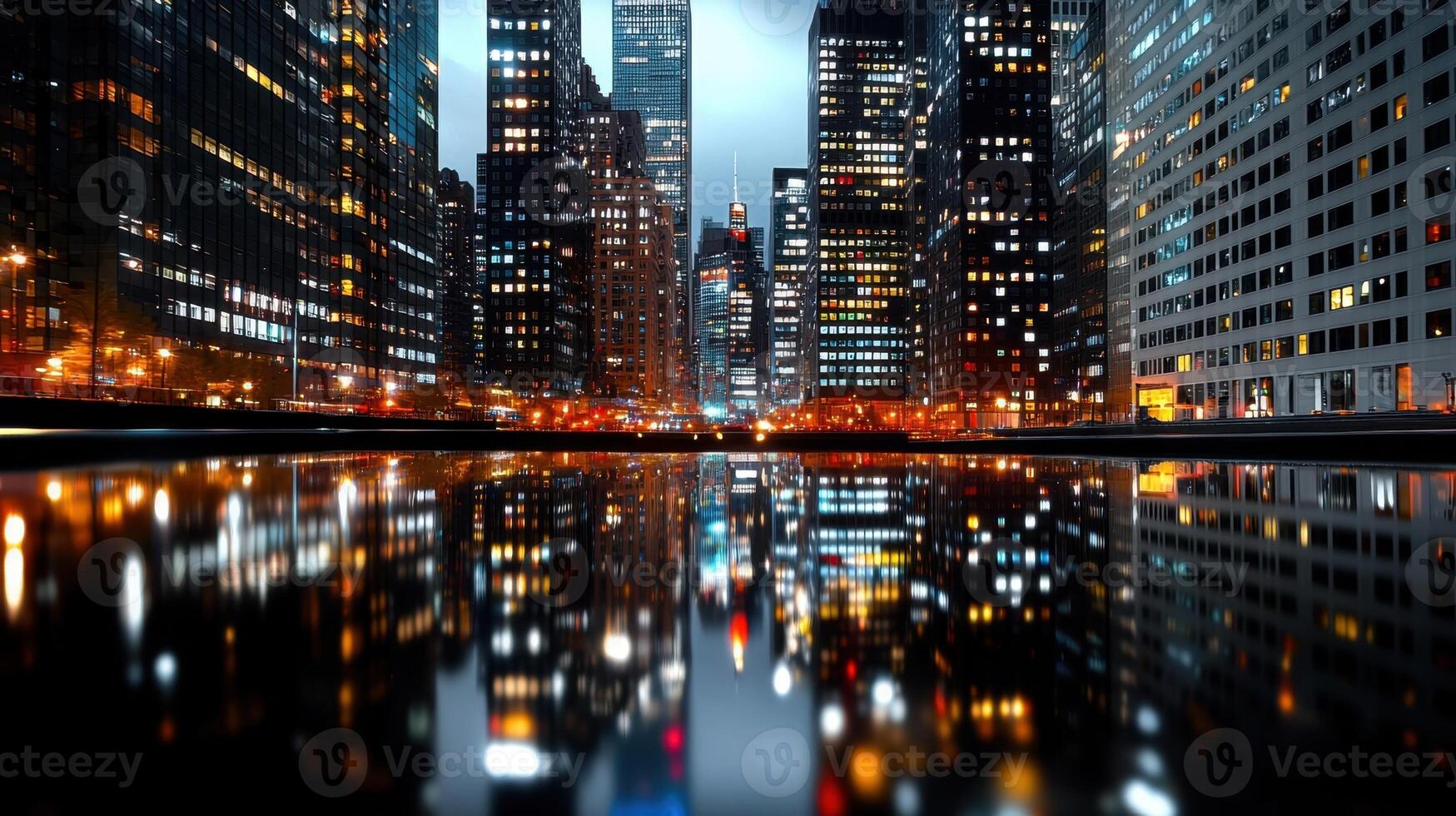 City lights reflected in water at night photo