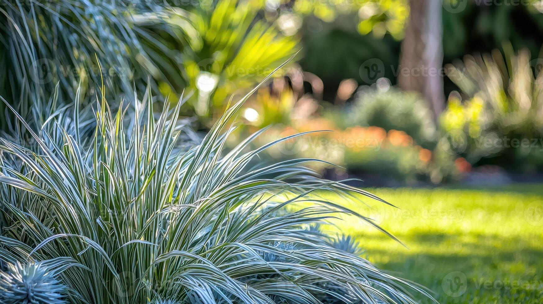 A grassy area with blue grass and shrubs photo