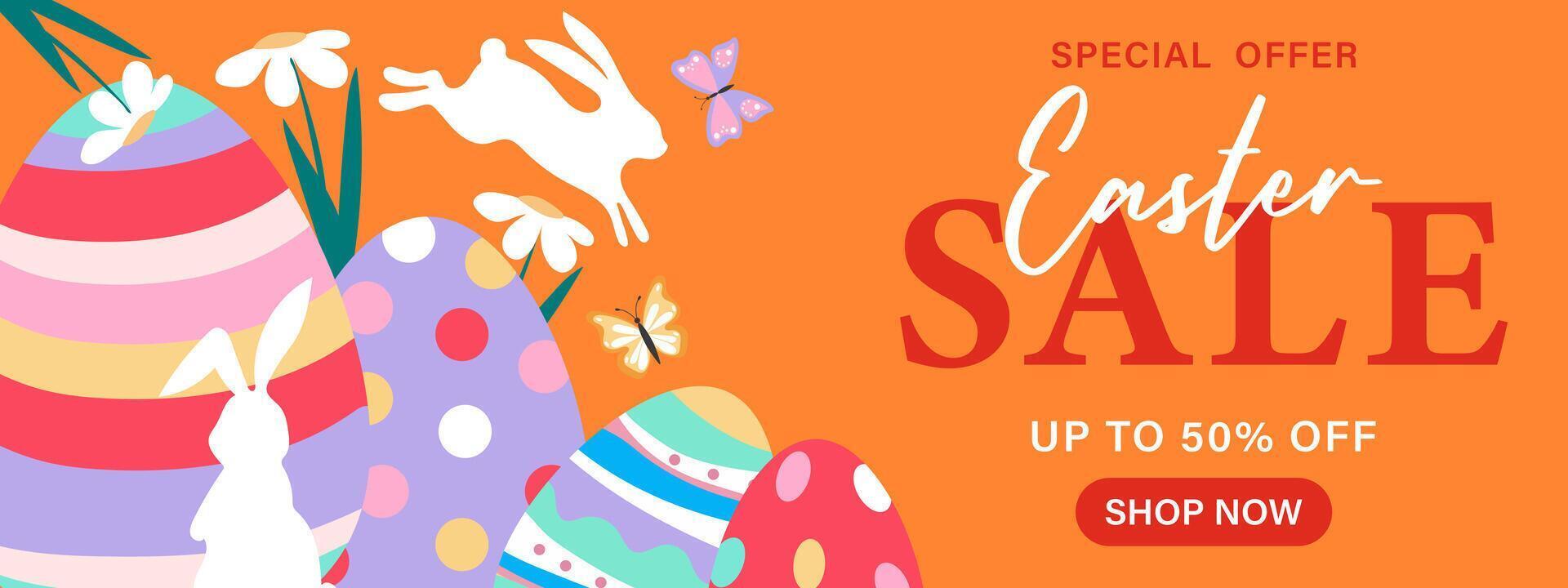 Easter Sale. Easter banner with eggs and Easter bunnies. vector
