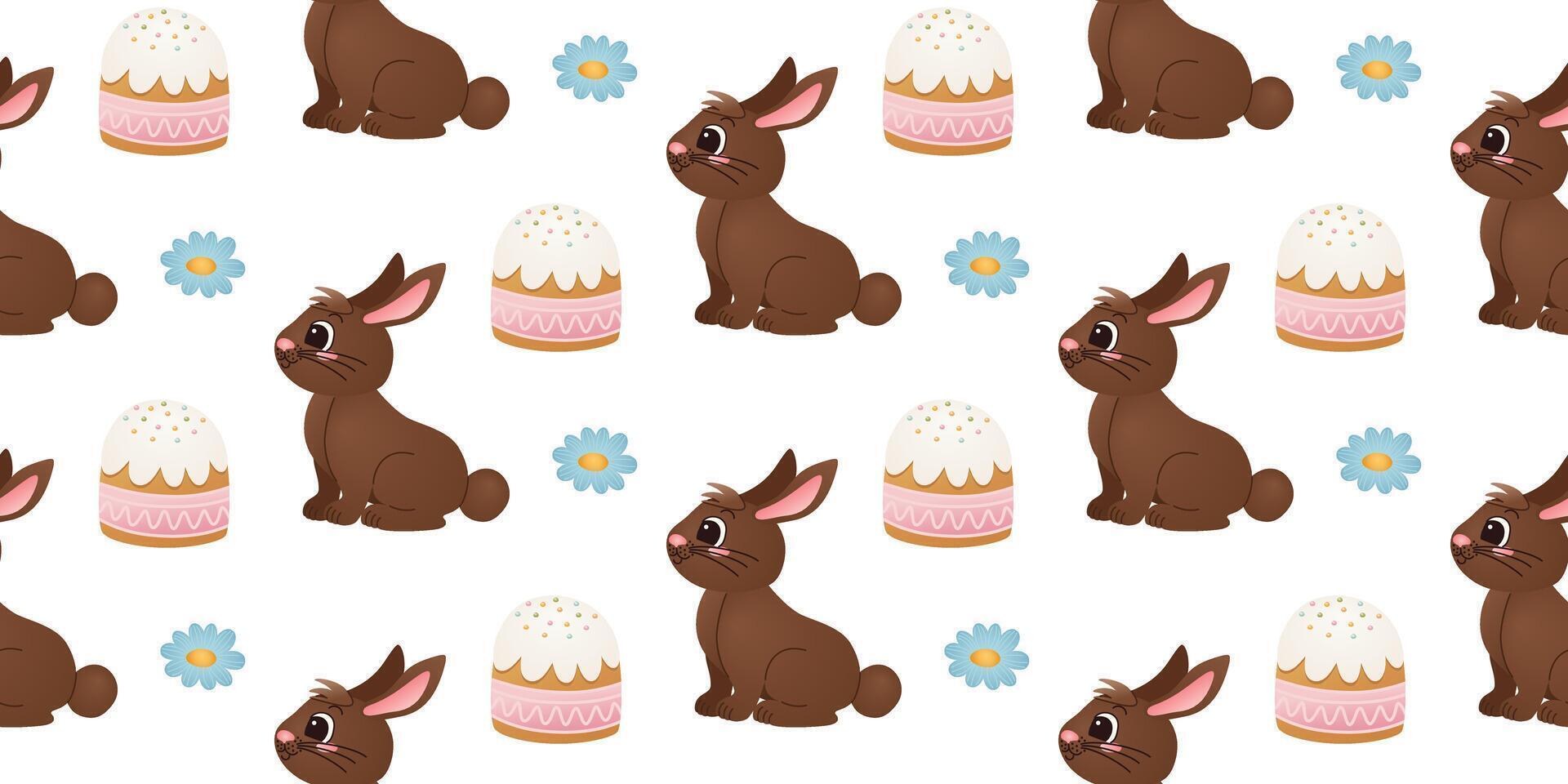 Seamless pattern with chocolate brown rabbits, Easter cakes, blue flowers on white background. Cute kids holiday design for wallpaper, textile, and wrapping paper. vector