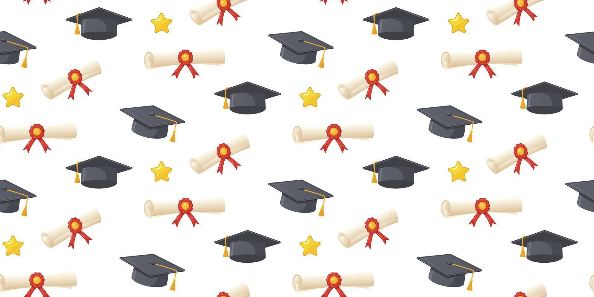 Graduation pattern. Seamless pattern with black graduation caps, diplomas, gold stars, and red ribbons on a white background. For greeting card, textiles, wallpaper, wrapping paper. vector